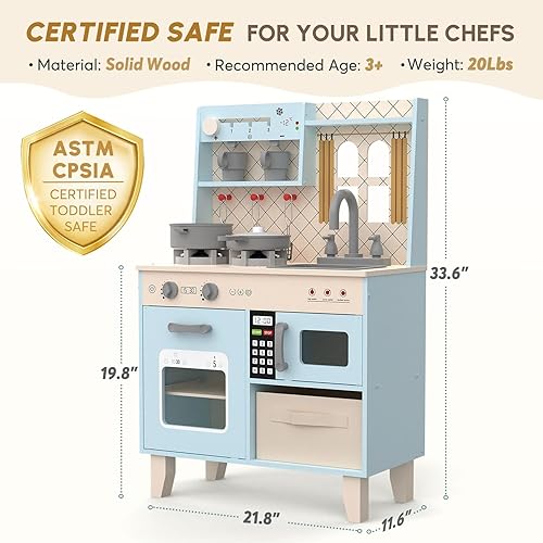 Miniatura 5 de BIERUM Juego de cocina con luces y sonidos realistas, juego de cocina de madera para niños pequeños, cocina de juguete con 26 accesorios de comida y