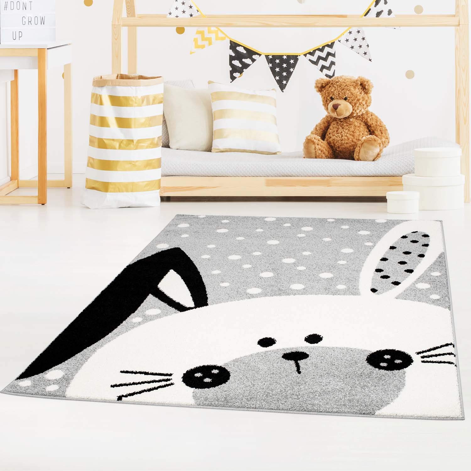 Alfombra Infantil Gris – 160 x 225 cm – Lindo Conejo Blanco Lunares – Alfombra para habitación Infantil con diseño de Animales