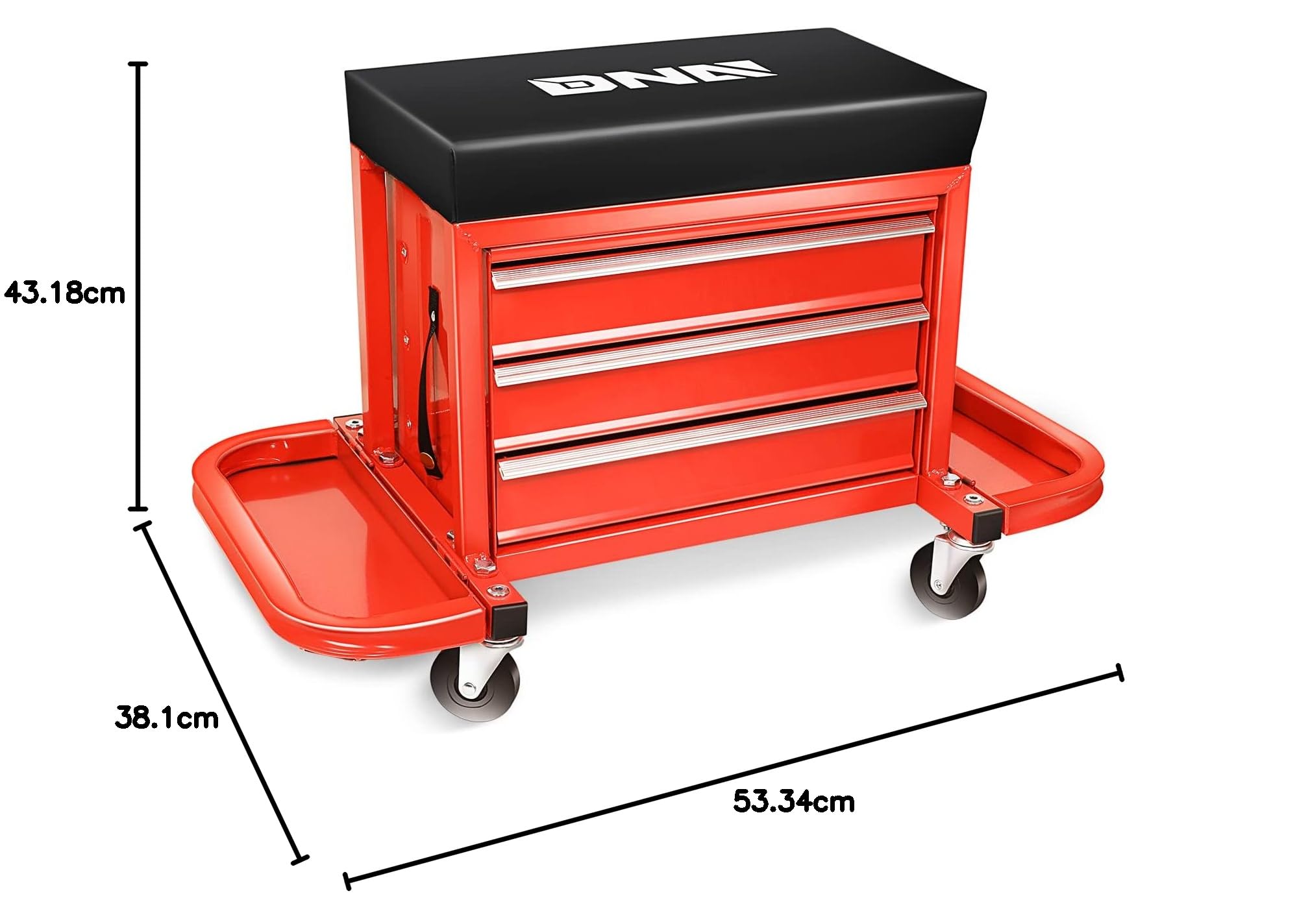 DNA MOTORING TOOLS-00261 Mechanikersitz mit 3 Schubladen, Rollstuhl mit Werkzeugablagen, max. Tragkraft 158,8 kg, Metall, Rot/Ausflug, einfarbig (Getaway Solids)