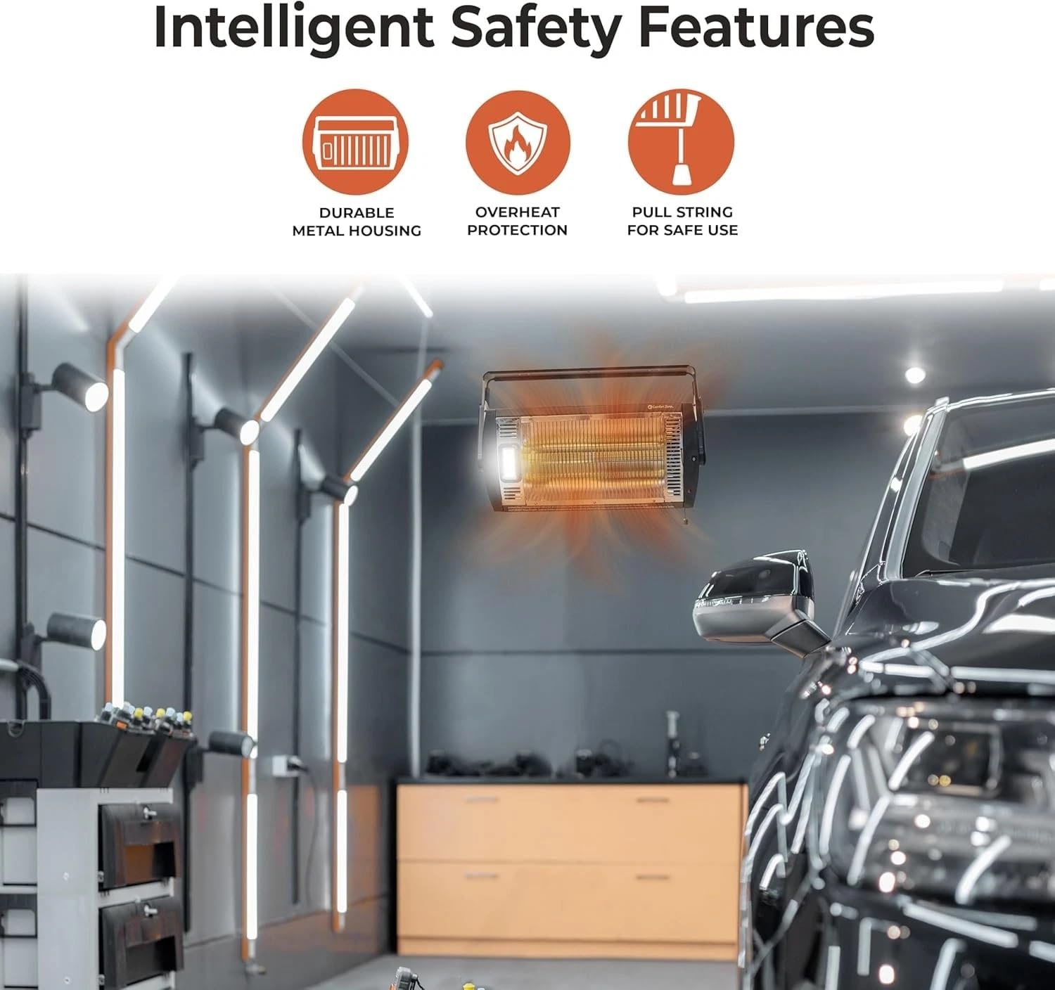 Comfort Zone 1500W Ceiling Mounted Dual Quartz Radiant Heater Infrared Workshop Heater with 90 Adjustable Tilt Built-in Halogen Light & Pull String Control Overheat Protection Black product thumbnail 4