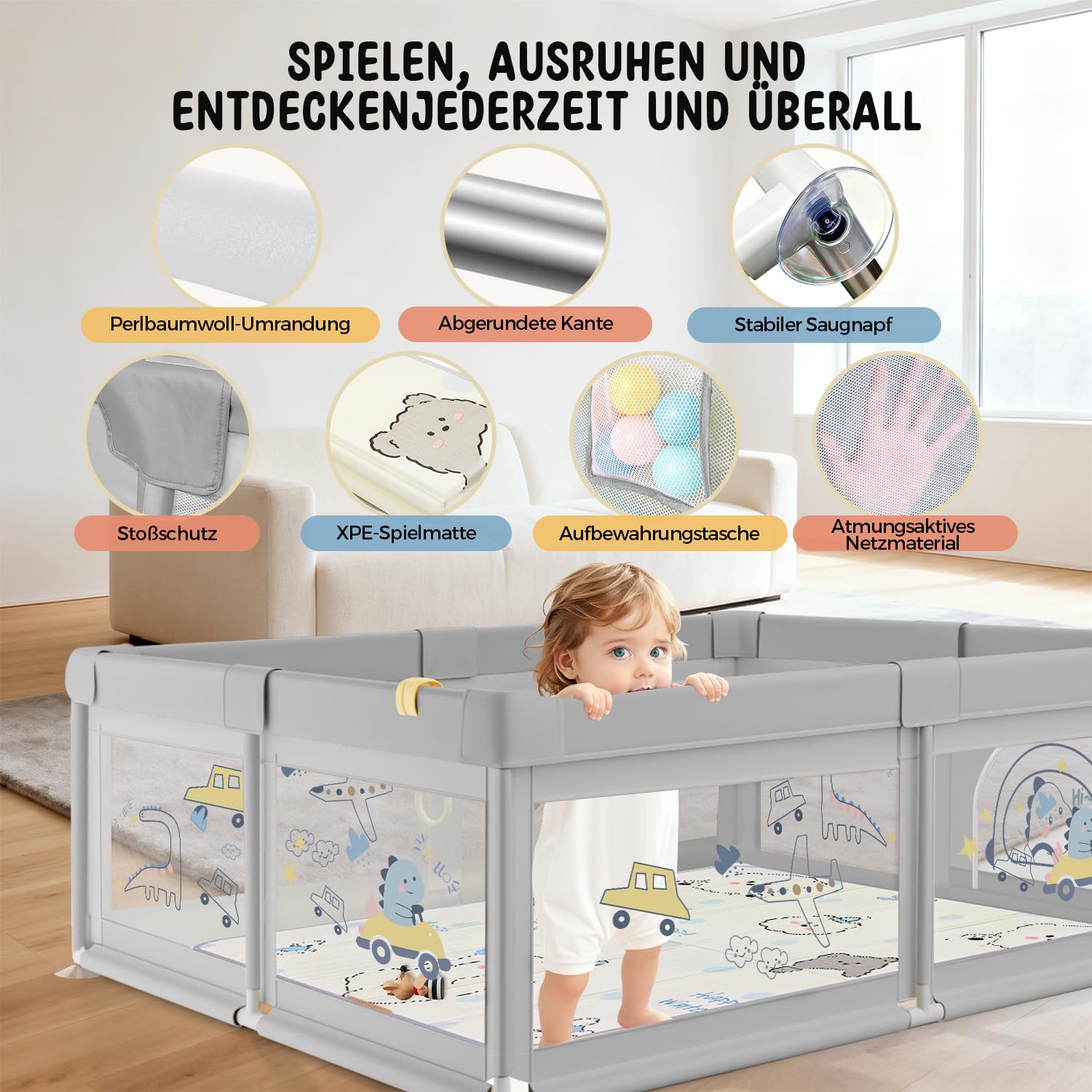 Laufstall Baby 120x120 mit Matratze, Laufgitter mit 360°Atmungsaktivem Netz, Oxford-Stoff, Rutschfester Basi, Sicher Aktivitätszentrum für Kinder, 60Ozeanbälle/4 Zugringen, Grauer Dinosaurier