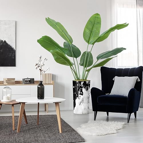 Árbol artificial en macetero contemporáneo con efecto de granito, hojas de plátano falsas de seda para decoración del hogar en interiores y