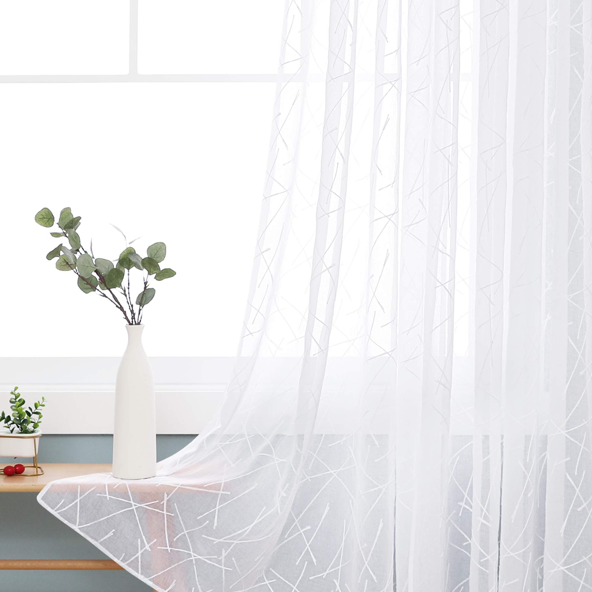 Deconovo Diagonal-White Embroidered Line Pattern Sheer Curtains Eyelets Linen Effect Voile Curtains Super Soft Net Curtains For Living Room 55 X 71 White Two Panels
