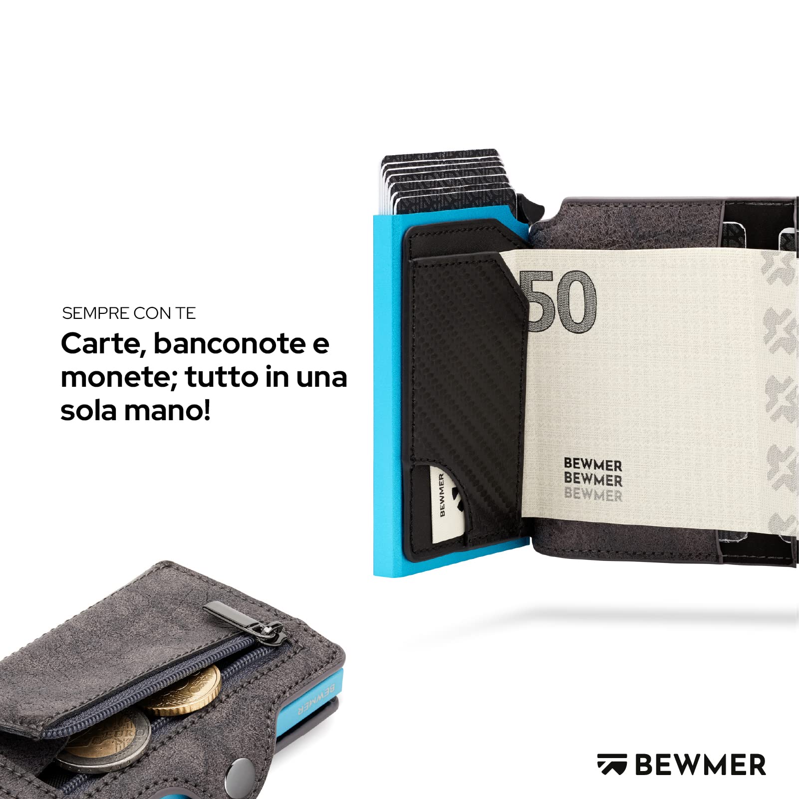 BEWMER Porta Carte di Credito 1 ZIP Schermato | Portafoglio Slim da Uomo e Donna | Porta Tessere e Documenti con Rfid Protection e Fermasoldi in Carbon Fiber (Grigio con Zip)