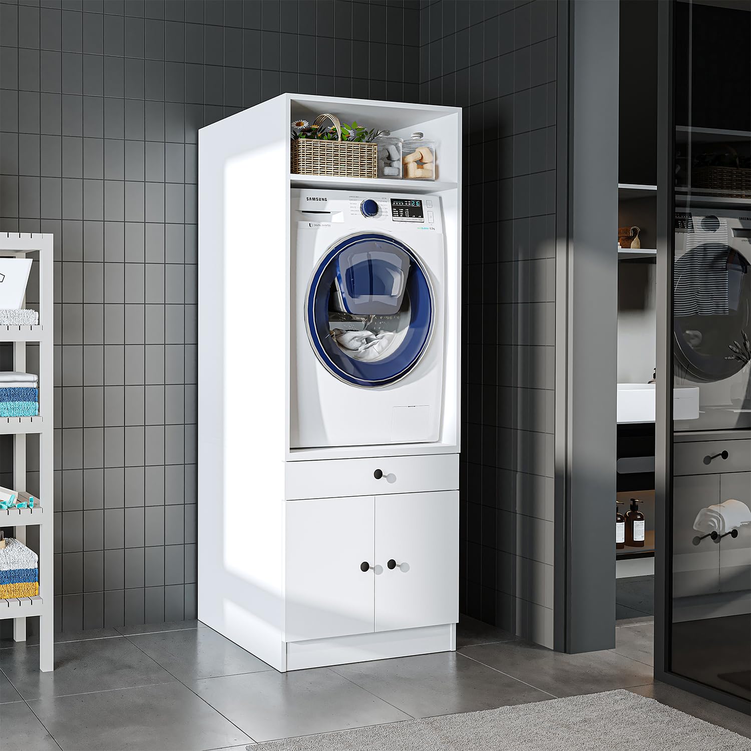 ROOMART • Waschmaschinenschrank mit Ausziehplatte • Platzsparend • Praktisch • Ideal für Hauswirtschaftsraum (Weiß, 1 Schrank - (184cm hoch))
