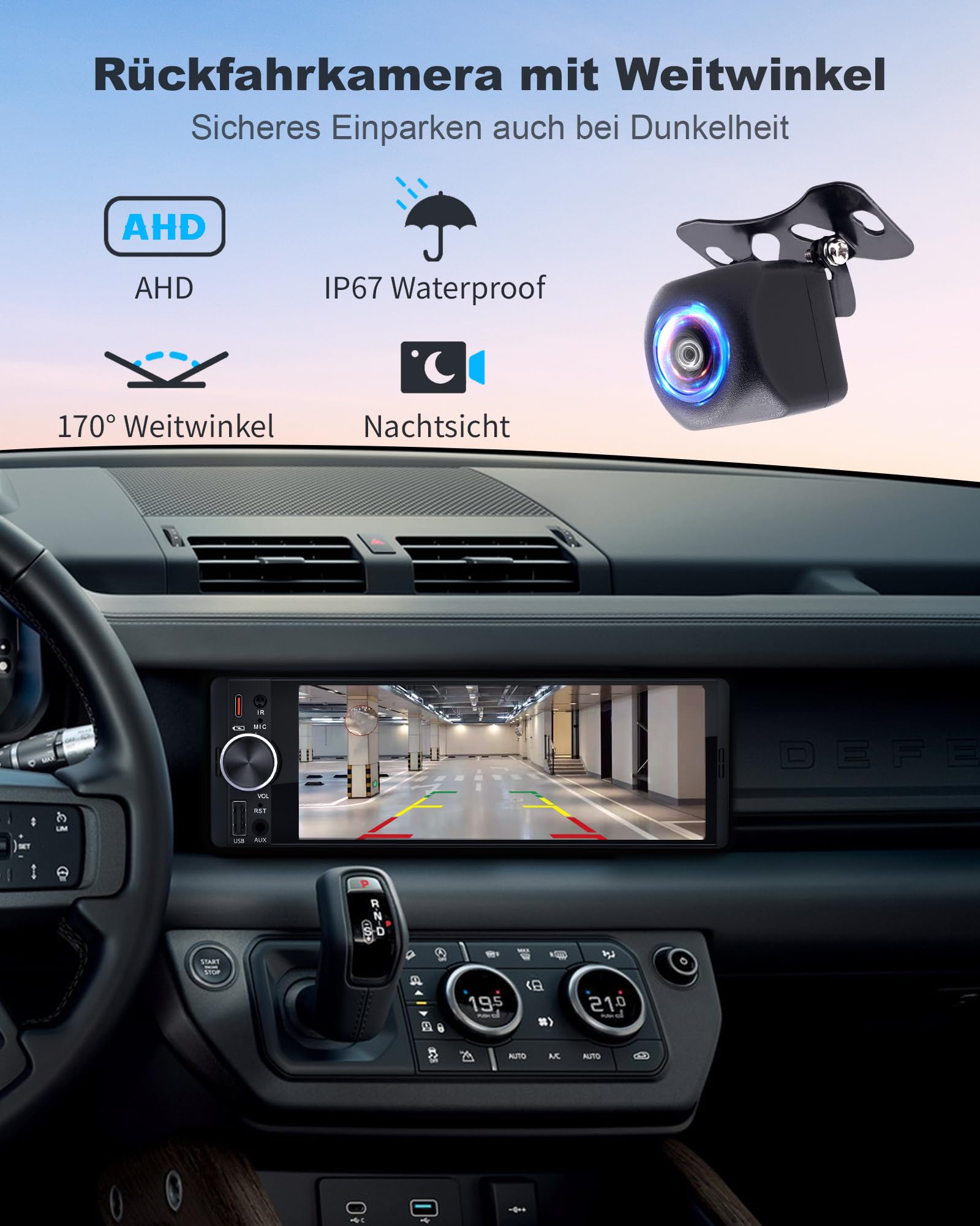 DAB/DAB+ 6,36 Zoll 1 DIN Autoradio mit Drahtlosem CarPlay & Android Auto, Schnellladung, Drahtloser Spiegel-Link, Voice Control, AHD Rückfahrkamera & Mikrofonunterstützung/DSP/SUB/AUX/AM/FM/RDS