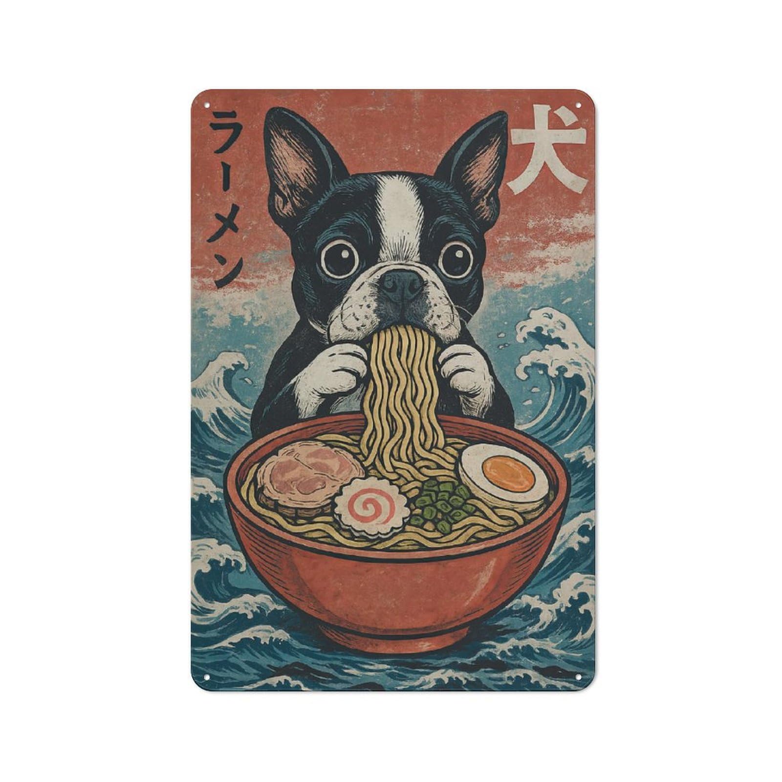 Boston Terrier Eating Ramen Tin Wall Plaque 30x20cm, Rustic Cottage Wall Art for Dining Room, Cafe, Entryway Or Family Room