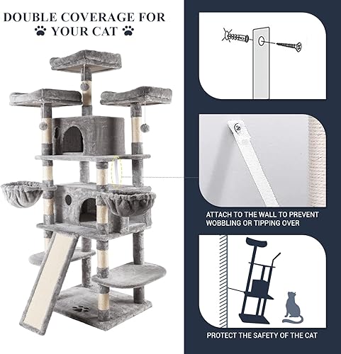 Miniatura 6 de Allewie Casa de árbol para gatos de varios niveles de 68 pulgadas con condominio, postes rascadores y torres para gatos grandes, color gris claro