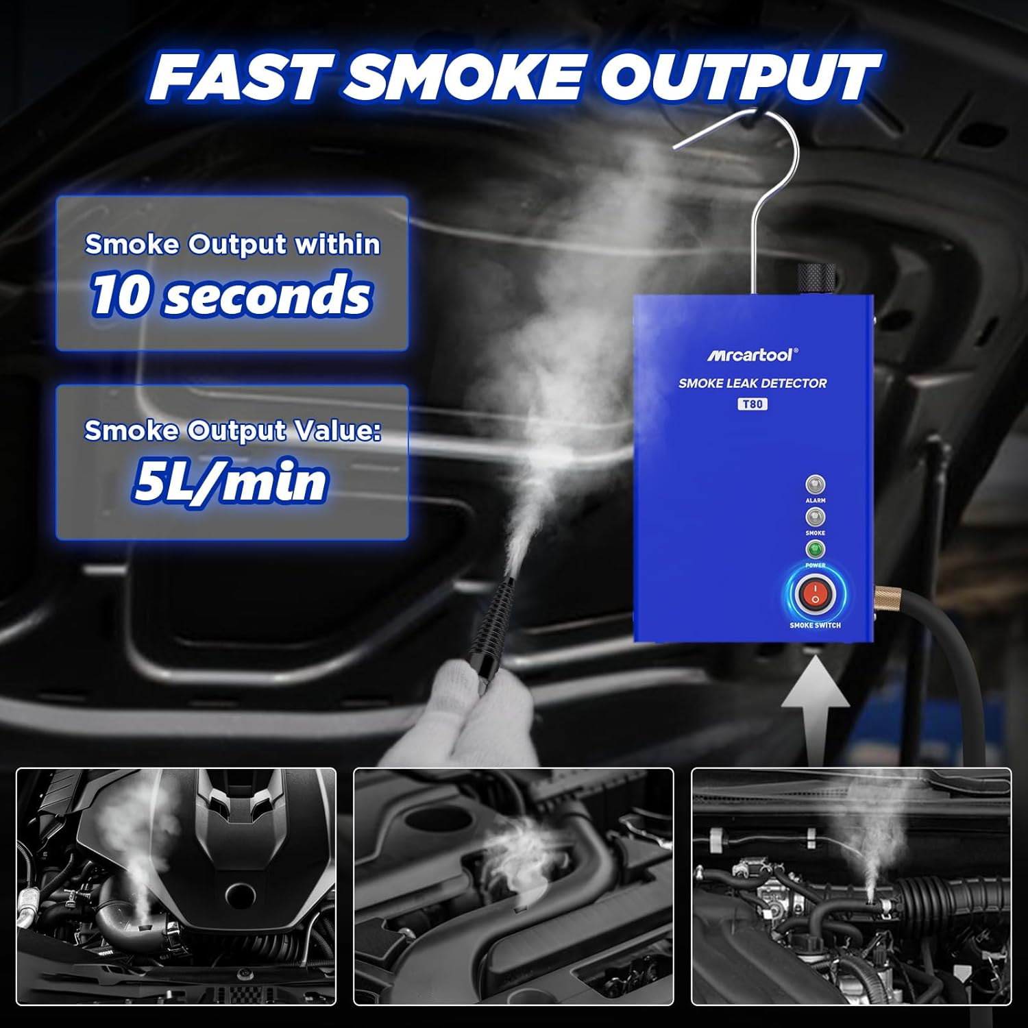 MR CARTOOL T80 Automotive Smoke Machine Leak Detector, EVAP Vacuum Smoke Tester Machine with Liquid Level Gauge, Built-in Air Pump Smoke Detector for All DC 12V Vehicles