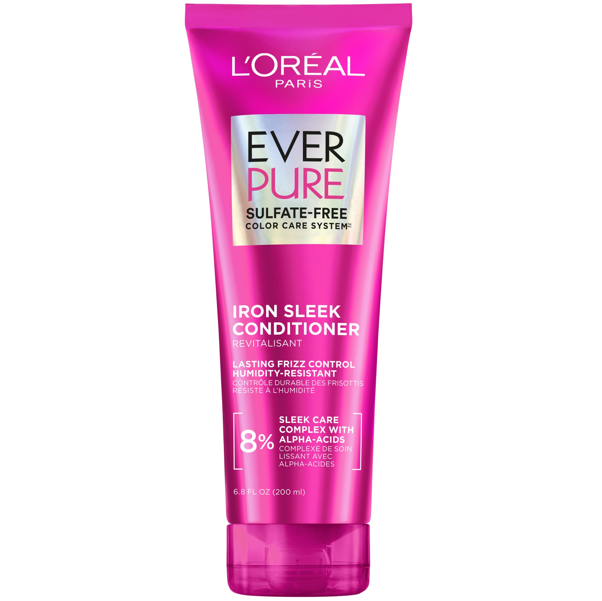 L'Oreal Paris Sulfate Free Iron Sleek Smoothing Conditioner, Frizz Control and Humidity-Resistant Formula with Alpha-Acids for Frizzy Hair, Suitable for Color-Treated Hair, EverPure, 6.8 Fl Oz