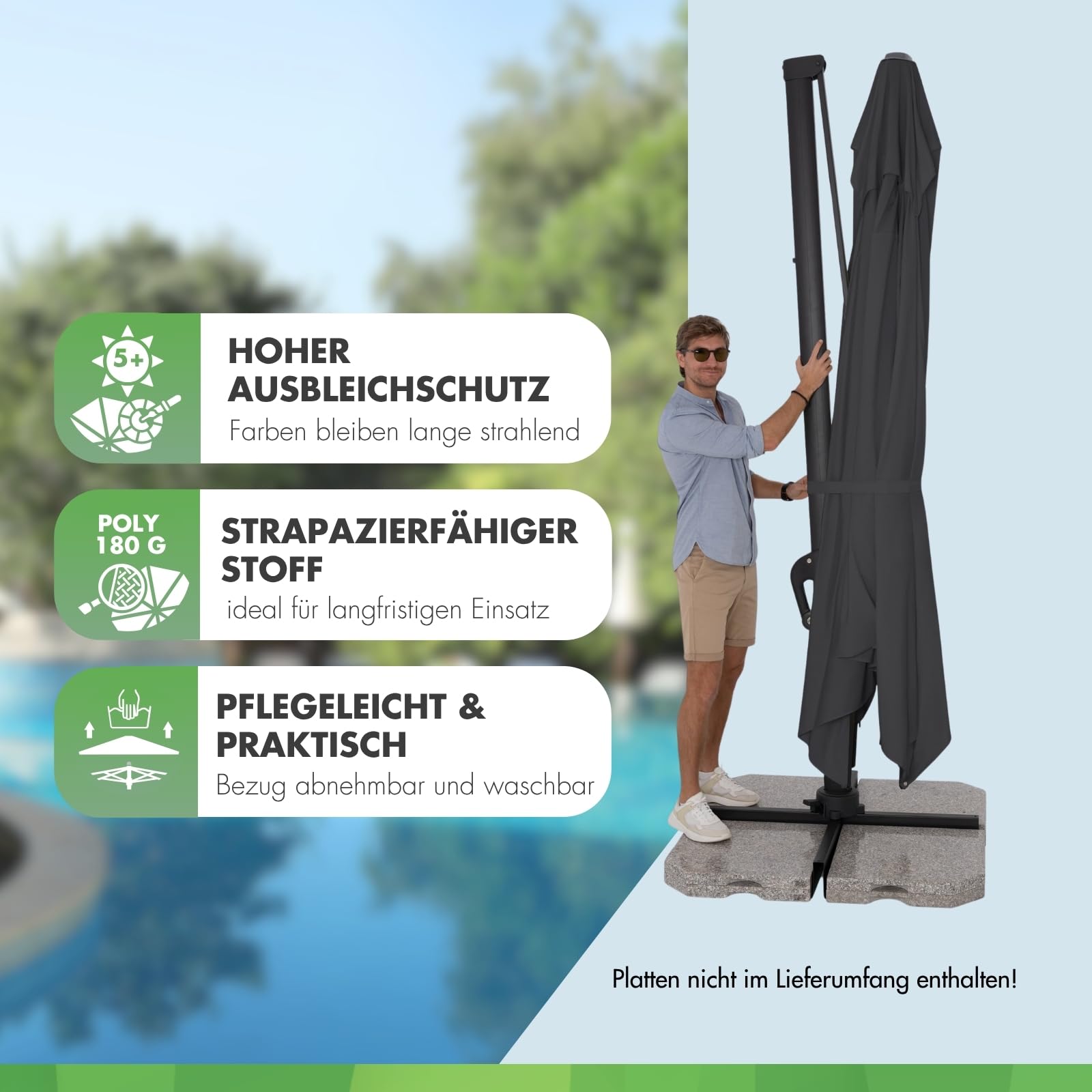 Doppler Pendelschirm Jack 300x400cm, Anthrazit, mit Kurbel, UV-Schutz 50+ | Rechteckiger Gartenschirm, Alu-Gestell, schrägstellbar, beidseitig schwenkbar & 360° drehbar, inkl. Standkreuz