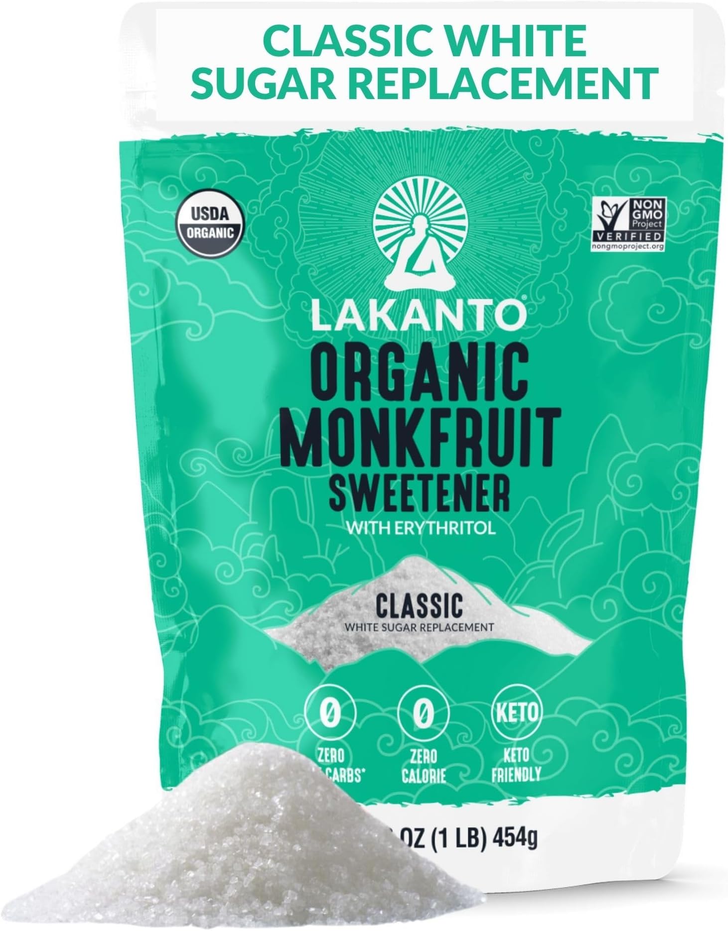 Organic Classic Monk Fruit Sweetener with Erythritol - White Sugar Substitute, Zero Calorie, Keto Diet Friendly, Zero Net Carbs, Baking, Sugar Replacement (Organic Classic White - 1 lb)