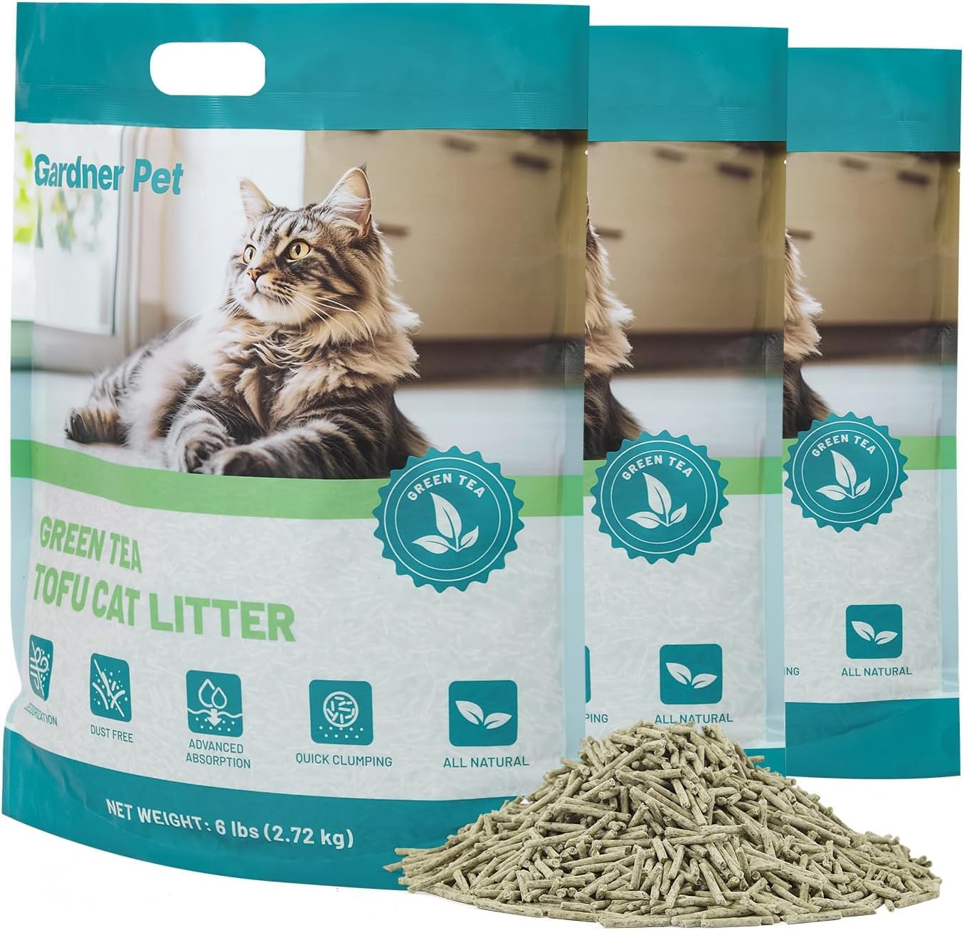 Gradner Pet Litière pour Chats en Tofu 8.16KG, Litière Agglomérante Contrôle des Odeurs avec Thé Vert, Jetable dans Les Toilettes, sans Poussière et Légèrement Agglomérante - 6LBS*3