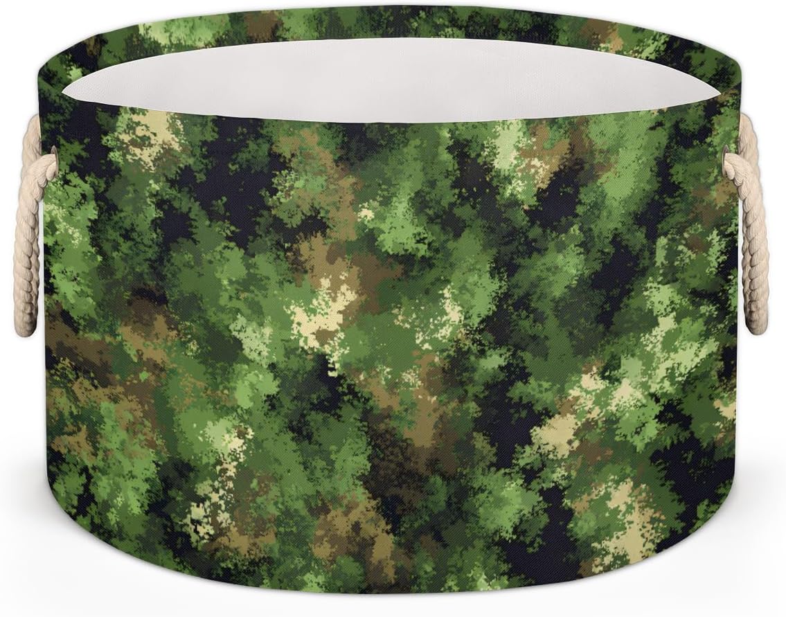 Large Round Basket Camouflage Forest Green Toy Organizers and Storage Bins Canvas Collapsible Blanket Storage Basket Laundry Hamper for Nursery Bedroom Clothes Girls Boys Gift Baskets