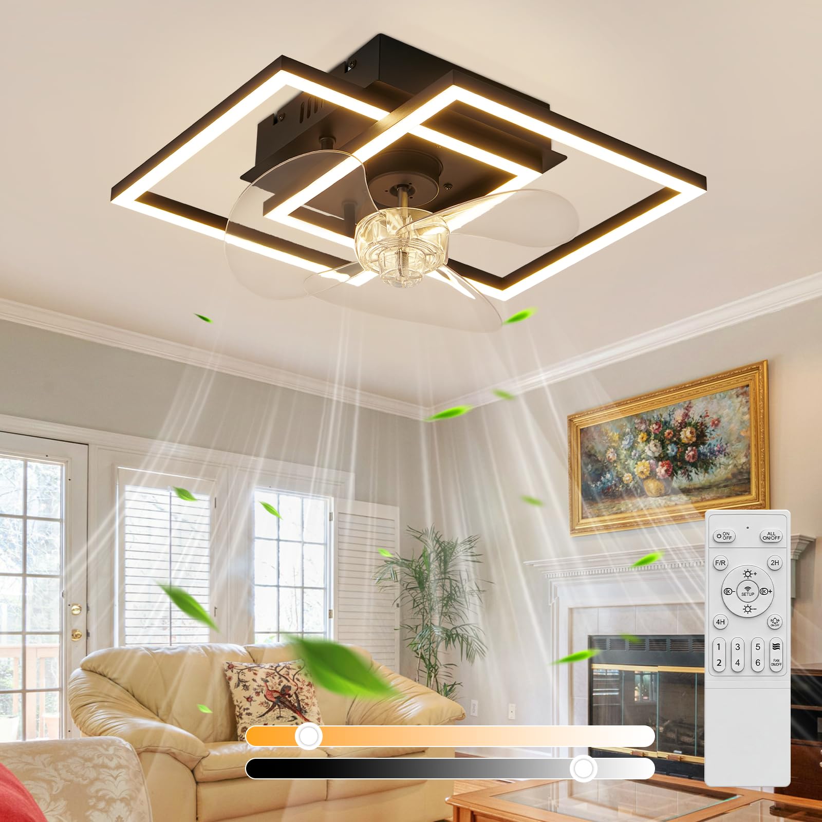 Homefire LED Deckenventilator Mit Beleuchtung - Leise Deckenlampe Mit Ventilator Und Fernbedienung Schwarz 3000-6500K Dimmbar Modern Deckenventilatoren Mit Licht 6-Gang DC-Motor Timer für Schlafzimmer