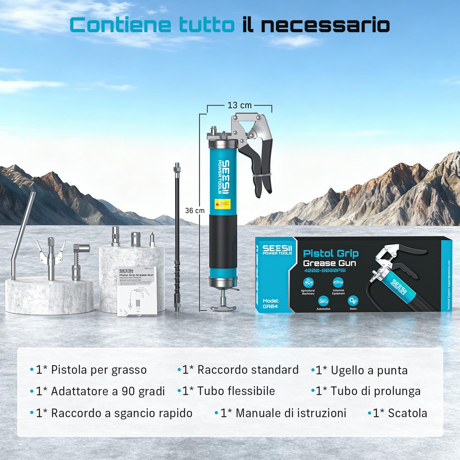 Seesii Ingrassatore Manuale 8000 PSI: Pistola per Grasso Potenziata da 400 CC con Raccordo a Sgancio Rapido, Adattatore a 90°, Tubo Flessibile e Tubo Rigido per Autoveicoli, Trattori e Imbarcazioni