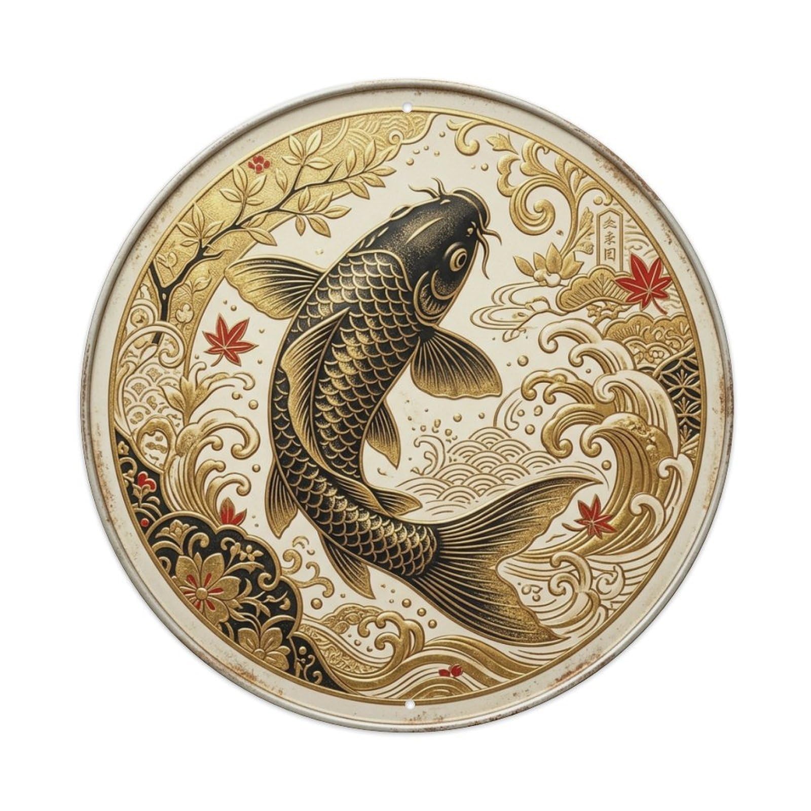 Gold Leaf Accent Koi Fish Vintage Metal Tin Sign Plaque Wall Decor for Cafe, Club Bar, Office, Garden Metal Poster 8x8Inch