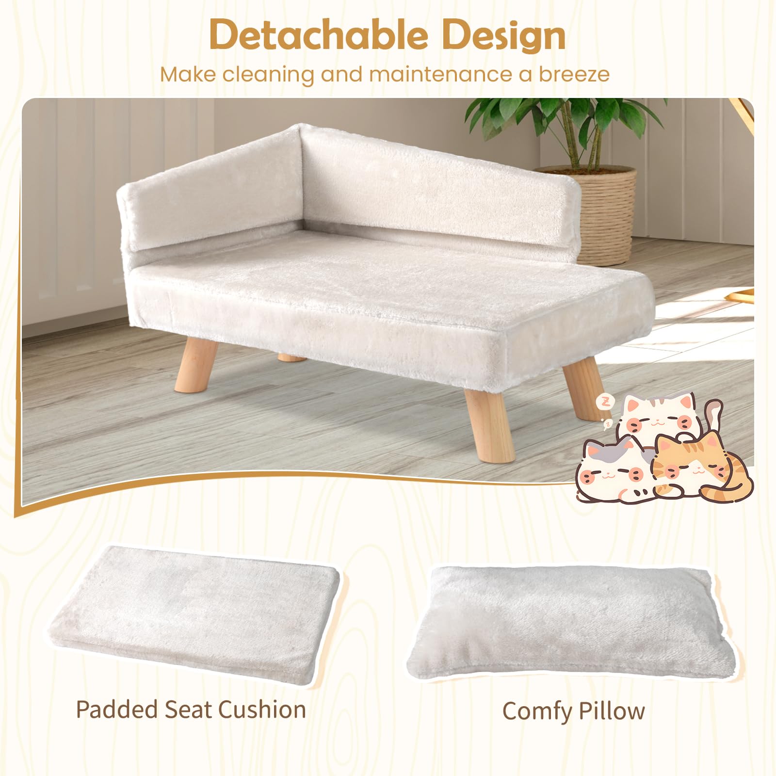 SOARS Canapé pour Chien Chat, Lit Surélevé avec Dossier Haut, Coussin et Pieds en Bois Massif, pour Moyens/Petits Chiens, 71 x 43 x 40 cm, Beige