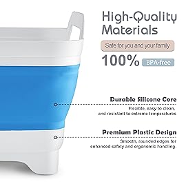 2.4 Gal(9L) Collapsible Dish Basin with Drain Plug, Space Saving Outdoor Multiuse Foldable Sink Tub, Dishpan, Kitchen Storage Tray for Camping, Vegetable Washing, RV (Blue)
