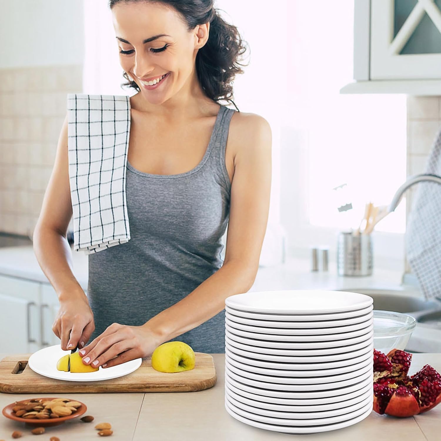 Malloom Lot de 36 assiettes à dessert en mélamine - Assiettes à salade blanches de 15 cm - Petites assiettes plates rondes pour apéritifs, collations, accompagnements de fête, plateaux de service