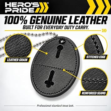 Hero's Pride Universal Oval Badge Holder, Standard Issue Leather Shield Case, Spring Clip and Neck Chain, Hook Fastener, 2-5/8 x 3-5/8 (Badge Not Included)
