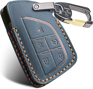 MILD EAST Genuine Leather Key Fob Cover for Chevy 5 Button(Blue)