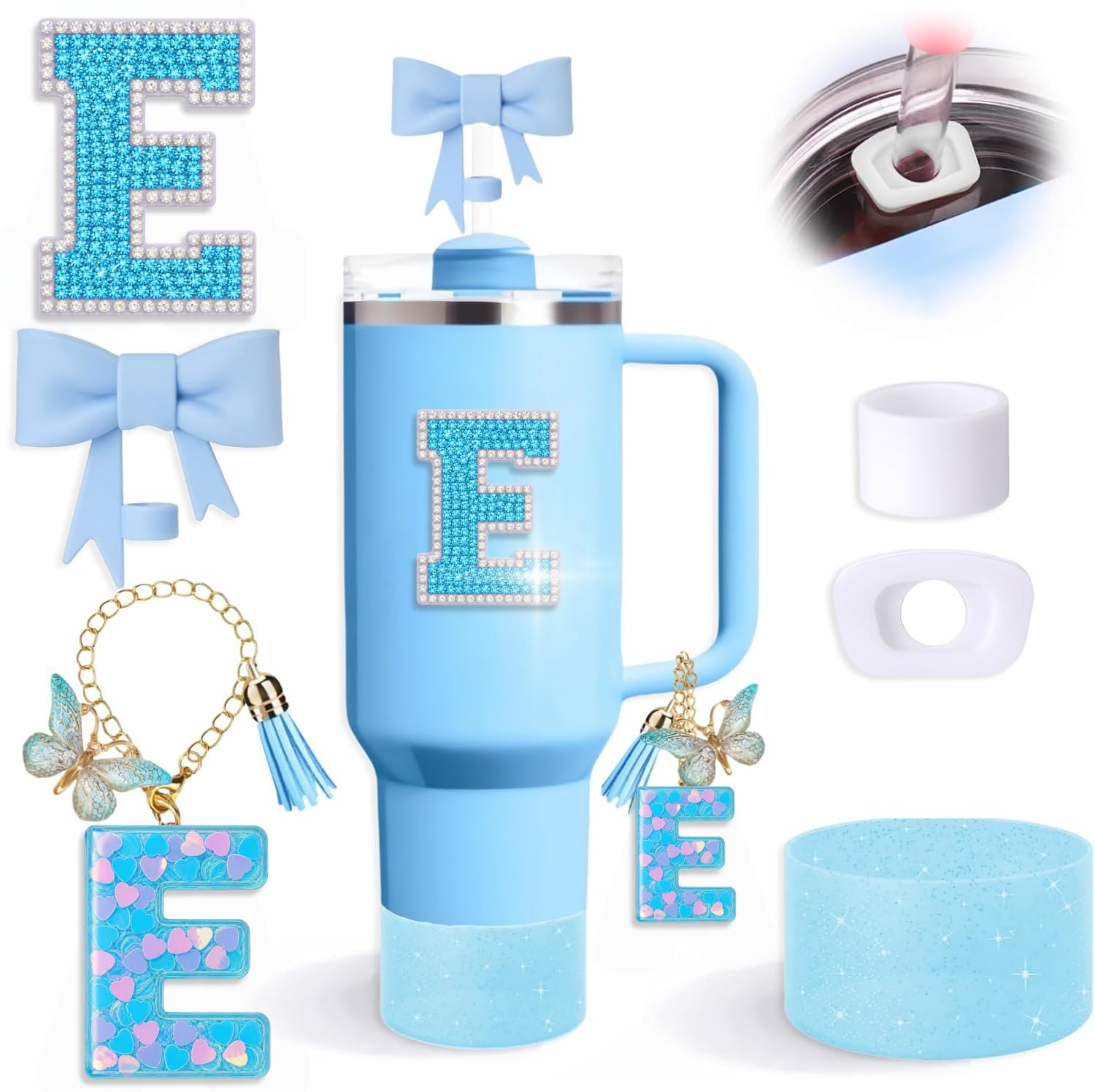 6pcs Blue Stanley Cup Accessories Set, Bow Straw Topper for Stanley Cup 30oz 40oz, Including Straw Topper and Sparkly Silicone Boot, Stoppers Spill Proof, Handle Charm, Initials Sticker