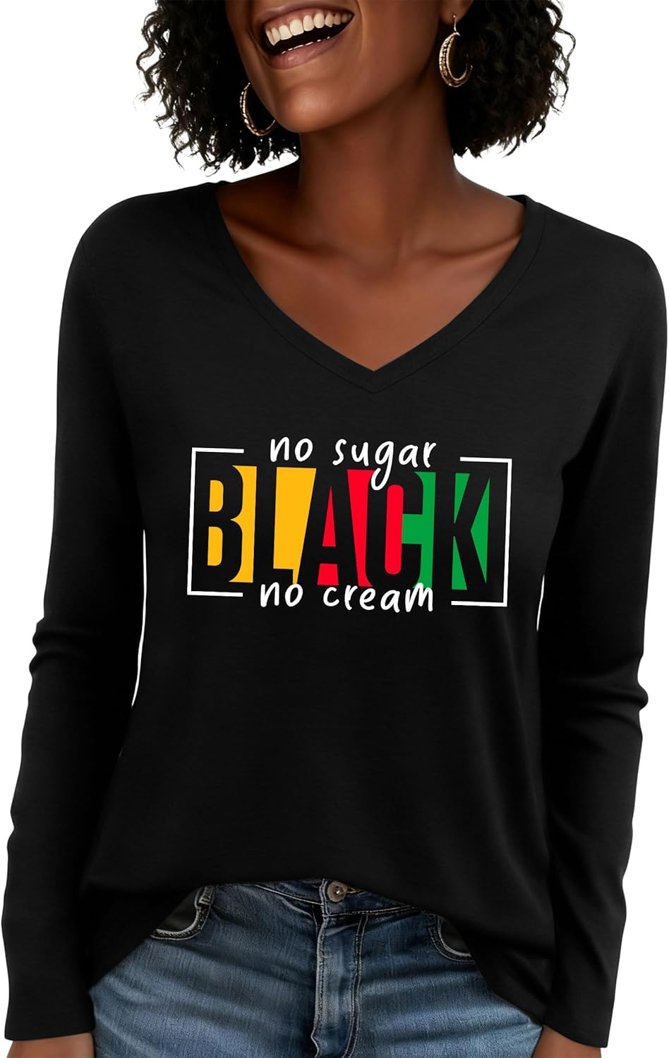 Black History Shirt Women: Black History Month Tees African American Tops Casual V-Neck Long Sleeve Shirts - Image 2