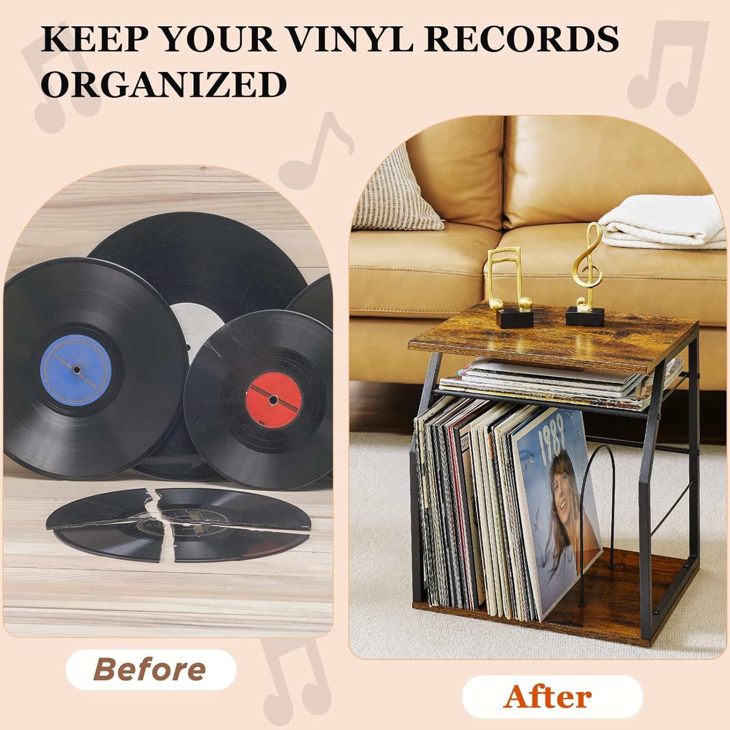 OGFC 11117 Vinyl Record Storage Holder for 100LPs, 3-Tier Vinyl Record Stand with 2 Movable Divider, Record Holder Organizer for Player, Albums, Magazine, Book, File (Black) 3