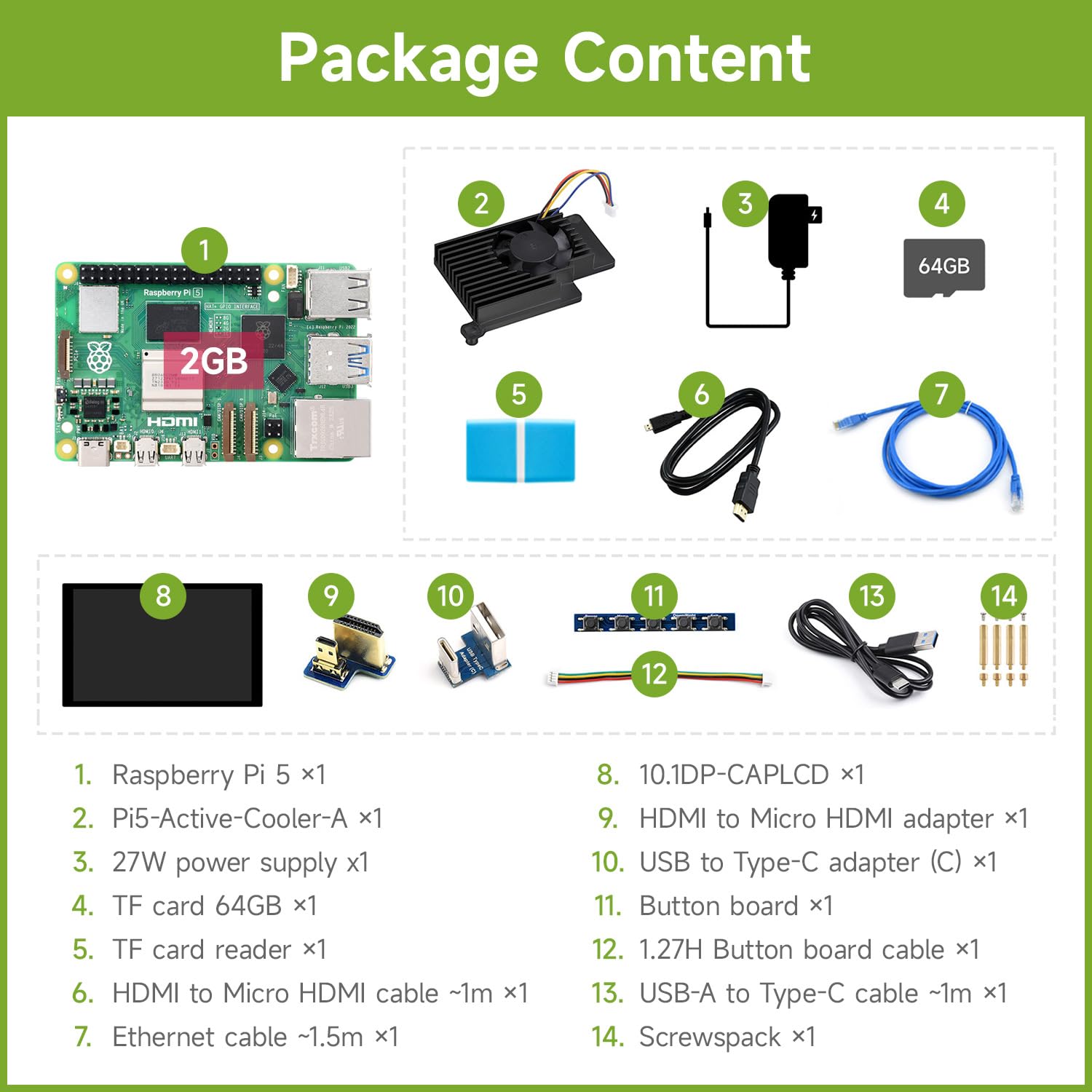 Waveshare PI5-2GB Display Kit A, Compatible with Raspberry Pi 5, Bundle with Raspberry Pi 5 2GB, 10.1inch LCD, Cooler, 64GB TF Card, Cable and So on (14 Items)