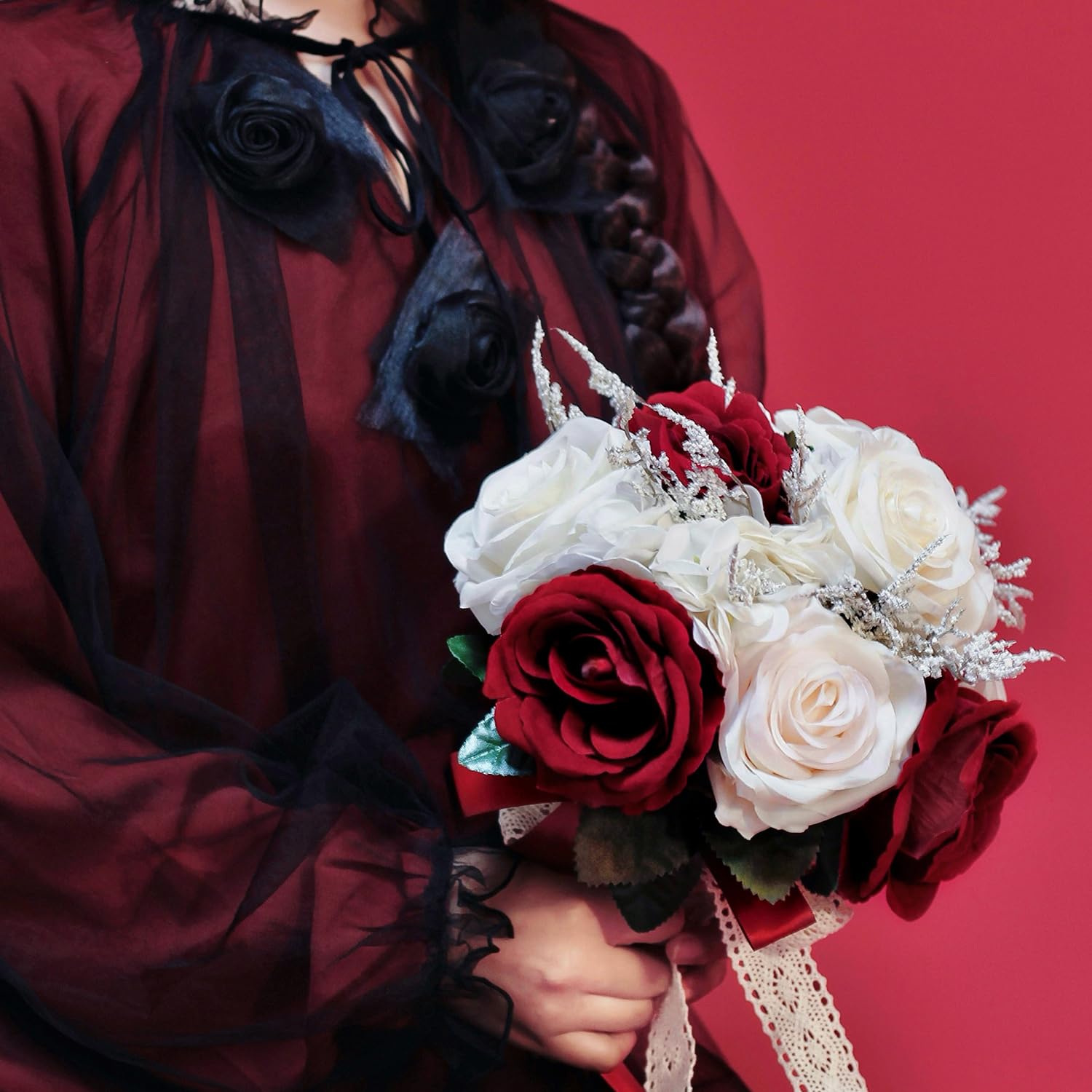 Hochzeitssträuße für Braut, Brautjungfer, weiß, champagnerrot, Burgunderrot, künstliche Rose, künstliche Seidenblumen, Brautsträuße für Hochzeit, mit Band, Boho, rustikale Kirchendekoration