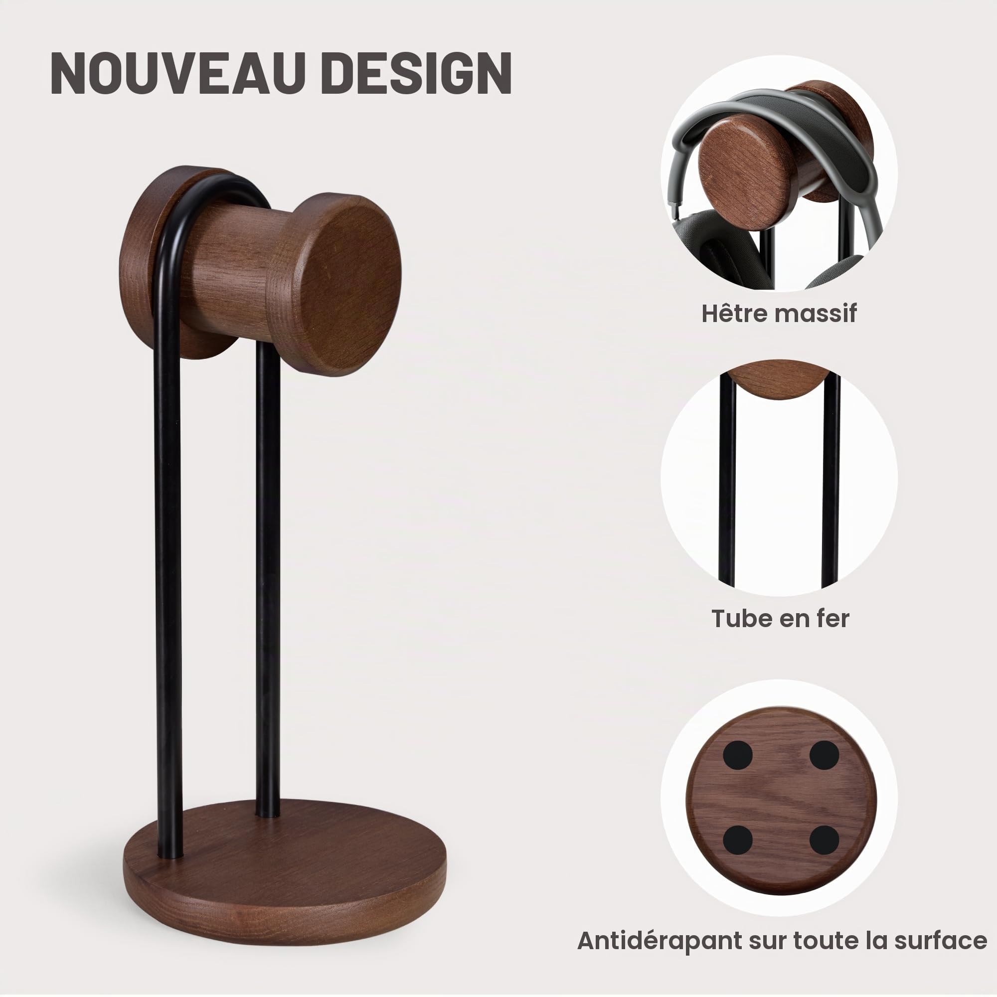 Fenge Support Casque, Bois Massif Naturel et Métal, Porte Casque Universel, Base Lestée avec Rangement, Idéal pour Gaming, PC, Bureau et Maison (Marron)