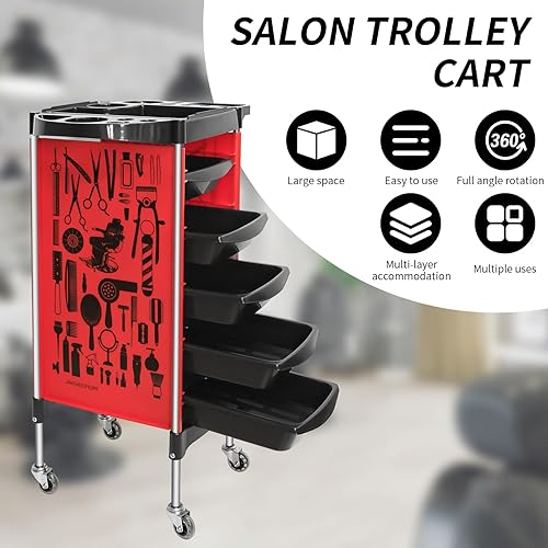 Miniatura 2 de RED by Salon Trolley Cart, multifunción con 5 cajones para estilista, estación de peluquería con ruedas, profesional para peluquería, tinte para el