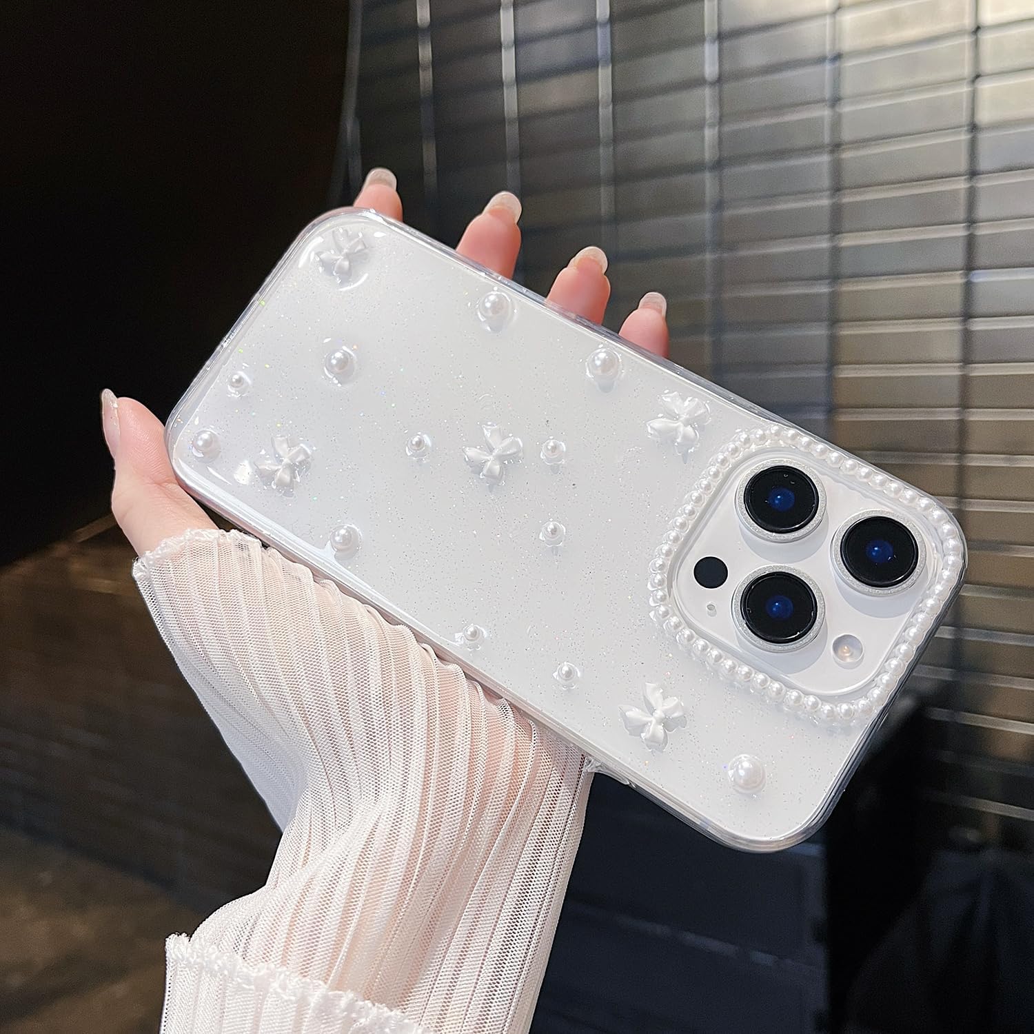 XQAGU Coque IPhone 13 Pro Max Transparente Pailletée – Avec Nœud 3D, Perles Et Chaîne De Téléphone – Protection Souple TPU – Esthétique Y2K