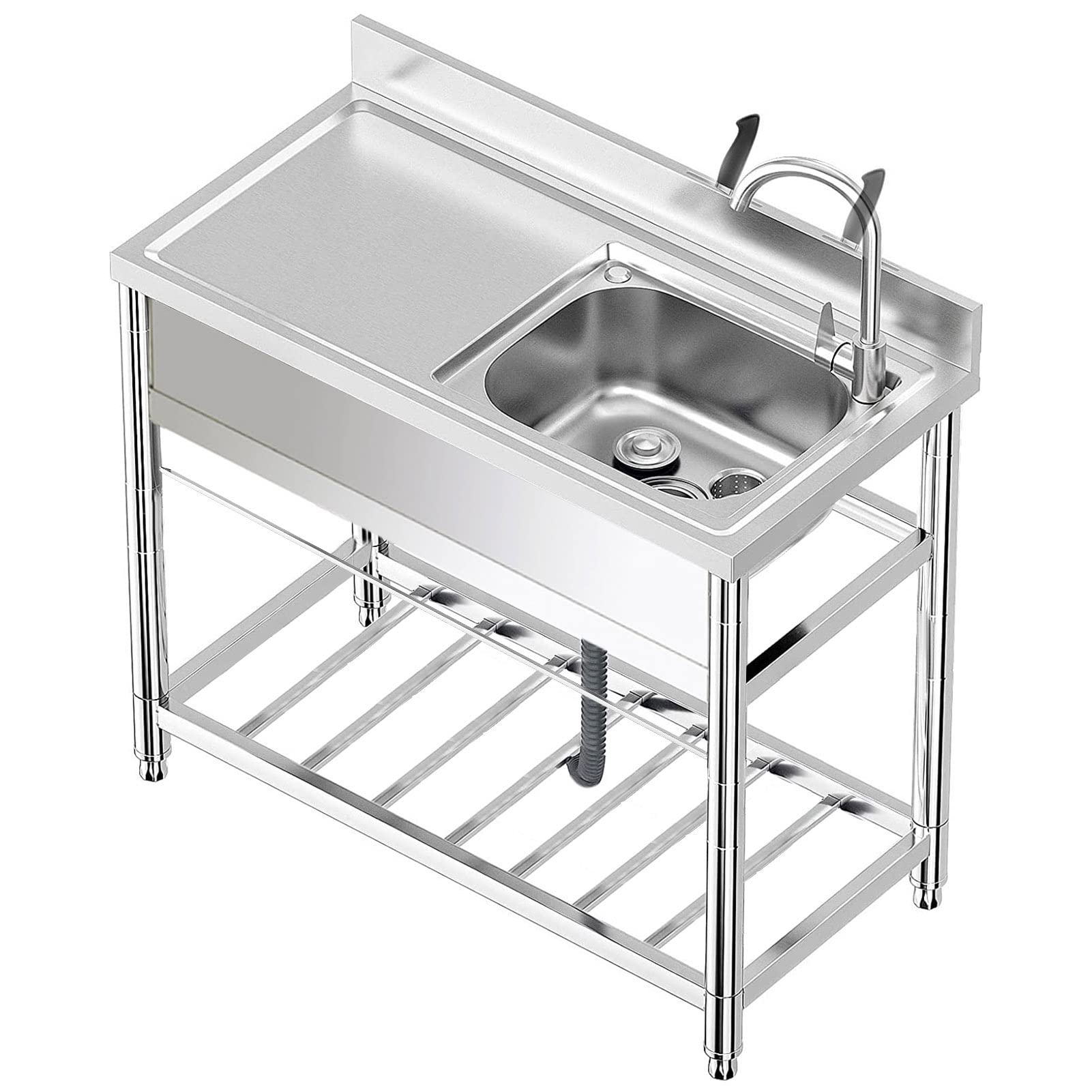 TAXXII Outdoor Utility Sink, Freestanding Camping Single Bowl Sinks, Stainless Steel Laundry Hand Washing Station with Work Surface and Hose for Room, Garage, Basement, Indoor Tub