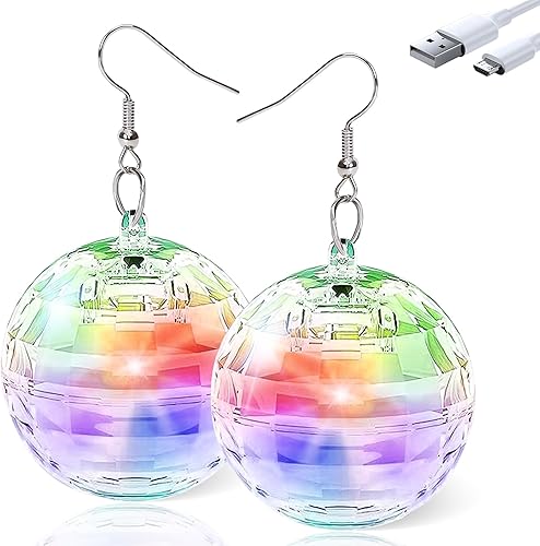 RAHAN Aretes LED de bola de discoteca de 16 colores de luz, luz recargable, aretes iluminados para mujer, fiesta de baile, accesorios de disfraces