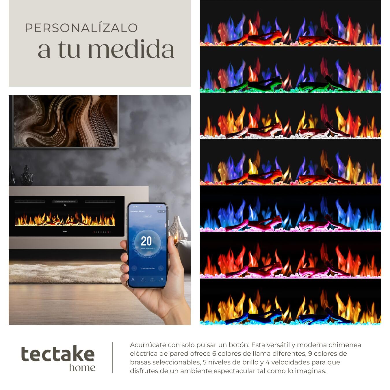 tectake® Chimenea Electrica Decorativa con Efecto Llama 3D, 2 Niveles de Calefacción, Control Remoto, Chimenea Eléctrica con Termostato Integrado, Protección Sobrecalentamiento - 12 x 127 x 43 cm