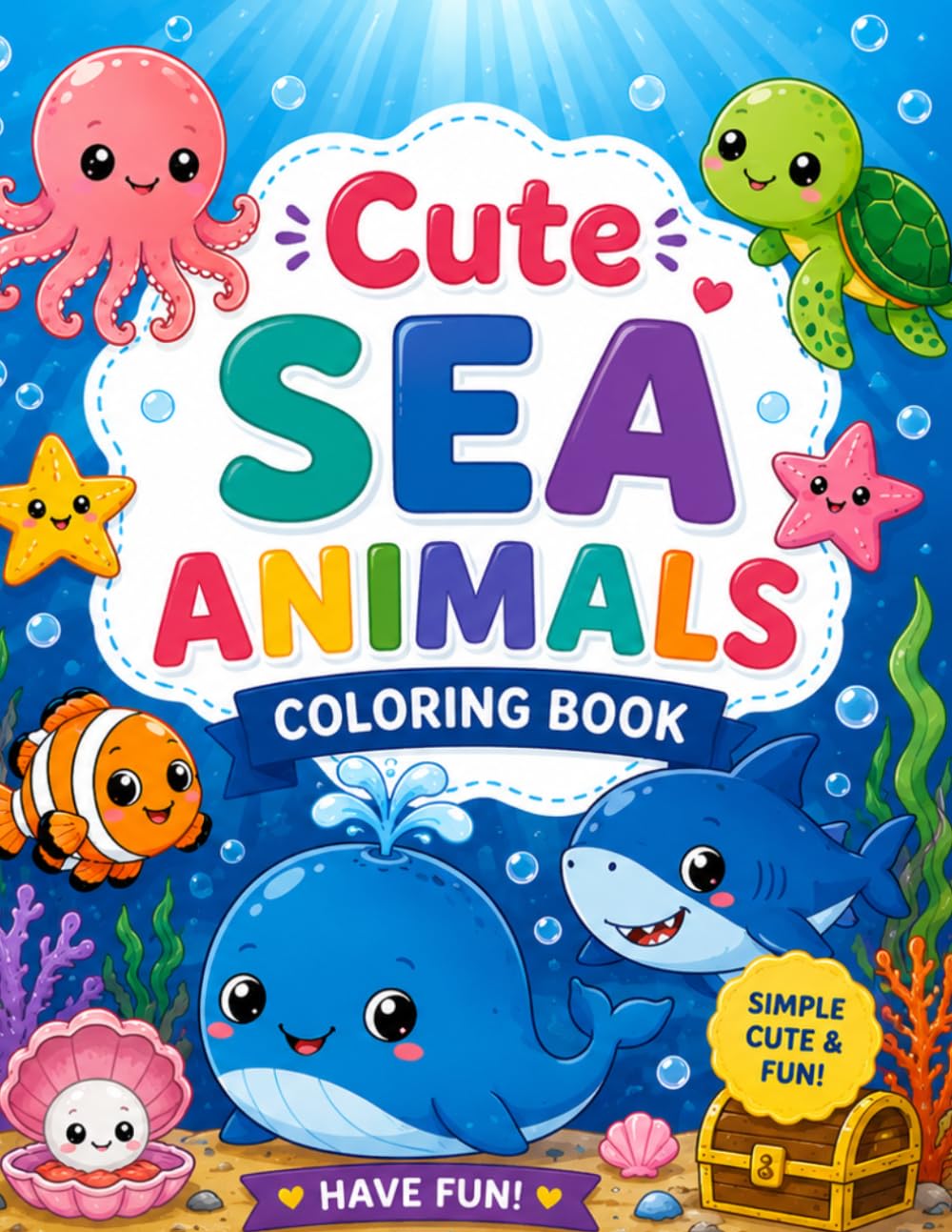 Cute Sea Animals Coloring Book: Fun and Easy Ocean Coloring Pages for Kids
