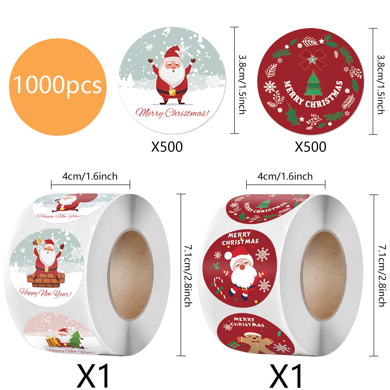 FuxFuis 1000 PCS Autocollants De Noël Ronds, 2.5cm Etiquettes Autocollantes Noel, Étiquettes En Papier Kraft Ronde, Étiquettes Auto-Adhésifs En Papier