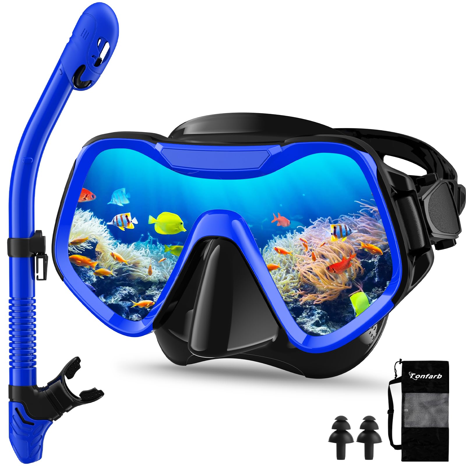 Maschera Subacquea Adulti, Tonfarb Maschera Snorkeling con Maschera e Boccaglio, Panoramica a 180 Gradi e Boccaglio Snorkel, Anti-Nebbia Antiperdita Maschera Sub per Giovani e Adulti