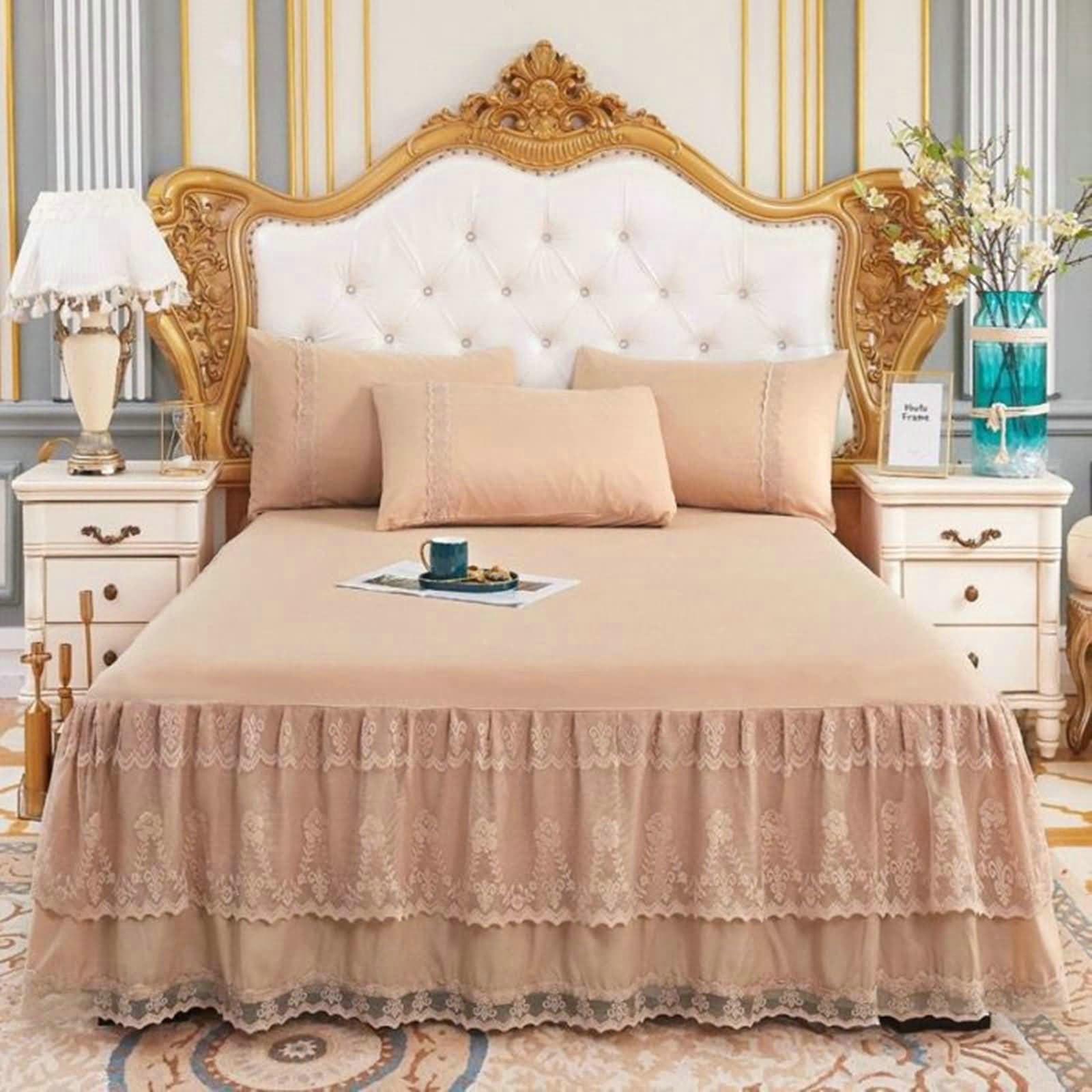 Completo Letto 3 Federe 220x180 Completo Lenzuola Super King Size 3 Pezzi in Poliestere, Tinta Unita Con Pizzo, Kaki