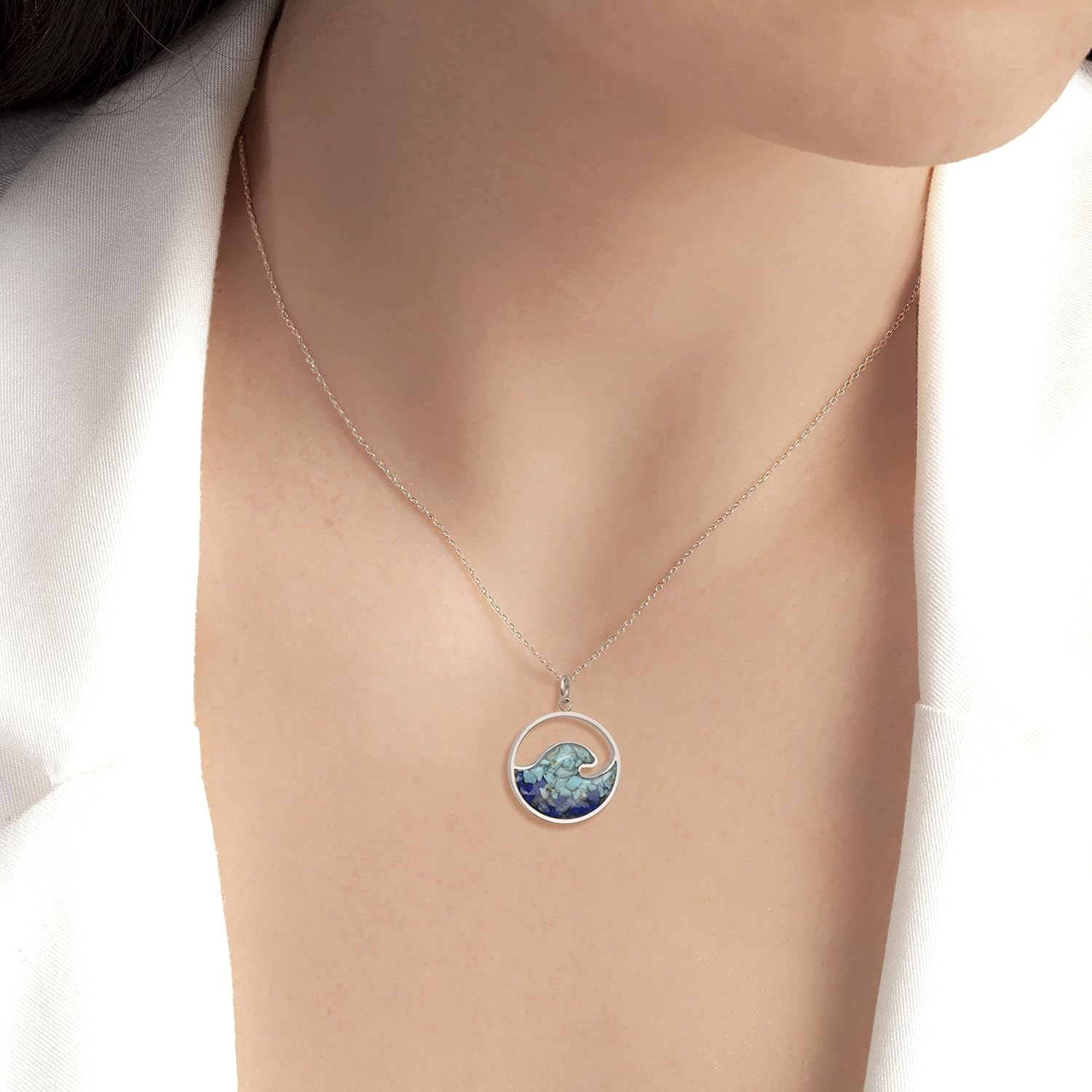 Lauren-Spencer Ocean Wave Pendant Necklace for Women, Ocean Beach Themed Jewelry Gifts for Women, Turquoise Sodalite Chips Stainless Steel Necklace, Blue Surf Necklace for Women - Image 3