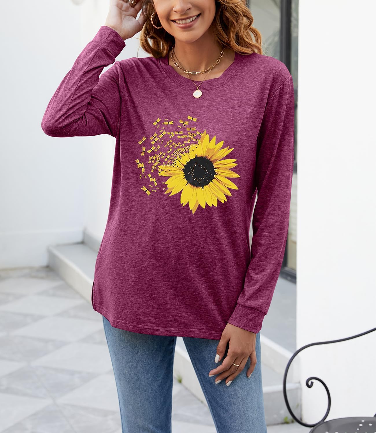 Women's Fall Sunflower T Shirt Cute Graphic Tees Casual Loose Long Sleeve Crew Neck Tunic Tops - Image 5