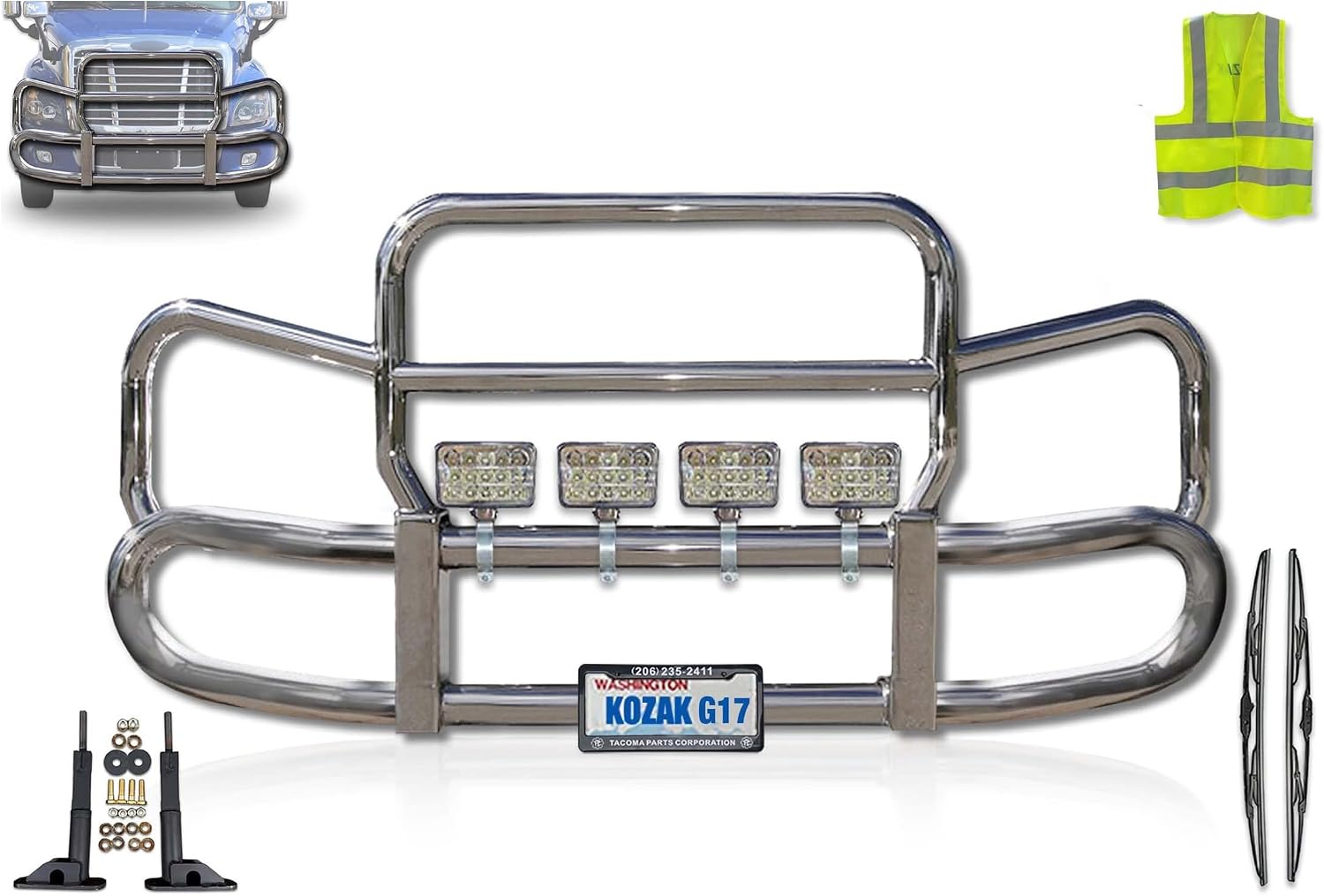 KOZAK Grille Deer Moose Brush Bumper Guard Herd 300 Compatible with Cascadia 115 125 2008-2019 Truck PLUS Brackets, 4X 6 LED Lights, Logo, 2x 22" Windshield Wipers, Reflective Vest