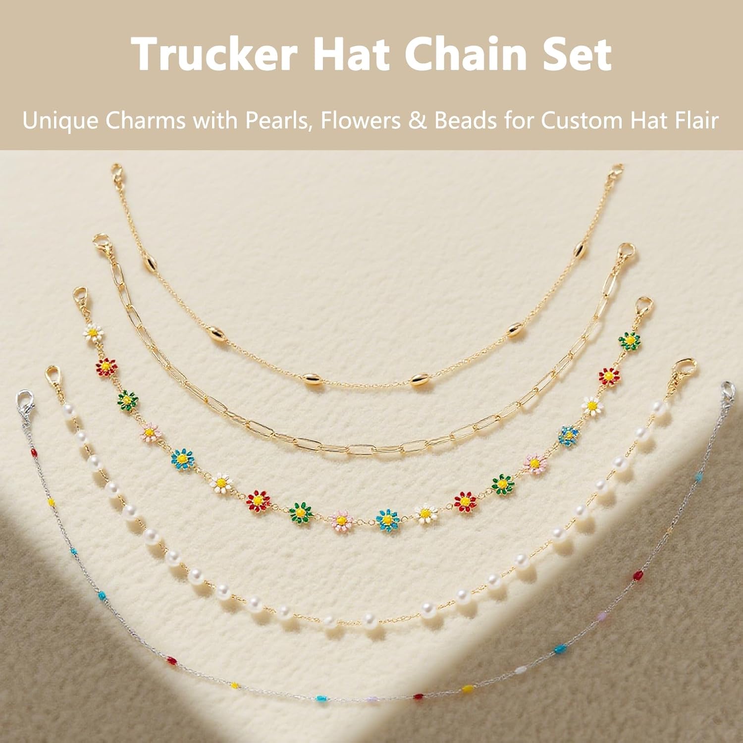 5Pcs Trucker Hat Chains and Charms for Women Bulk Pearl and Gold Daisy Chain Accessories Decorative Trucker Hats Mesh Baseball Cap Charms Bill Decorations DIY Chains - Image 3