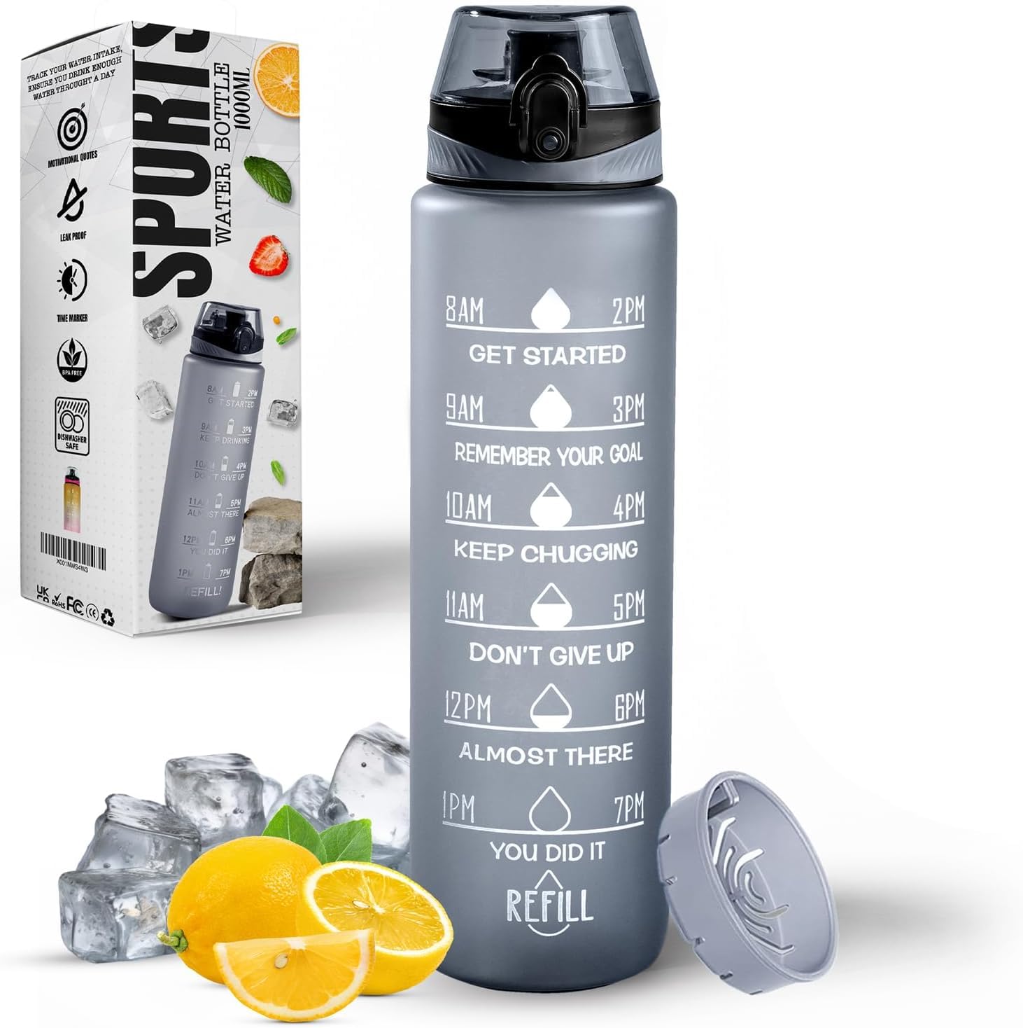 Roe Tenpo Water Bottle 1L, Sports Water Bottle with Time Markings, BPA-Free, Leak-Proof Drinks Bottle, Perfect for Running, Cycling, Gym, Yoga, Camping and Outdoor Activities, Grey
