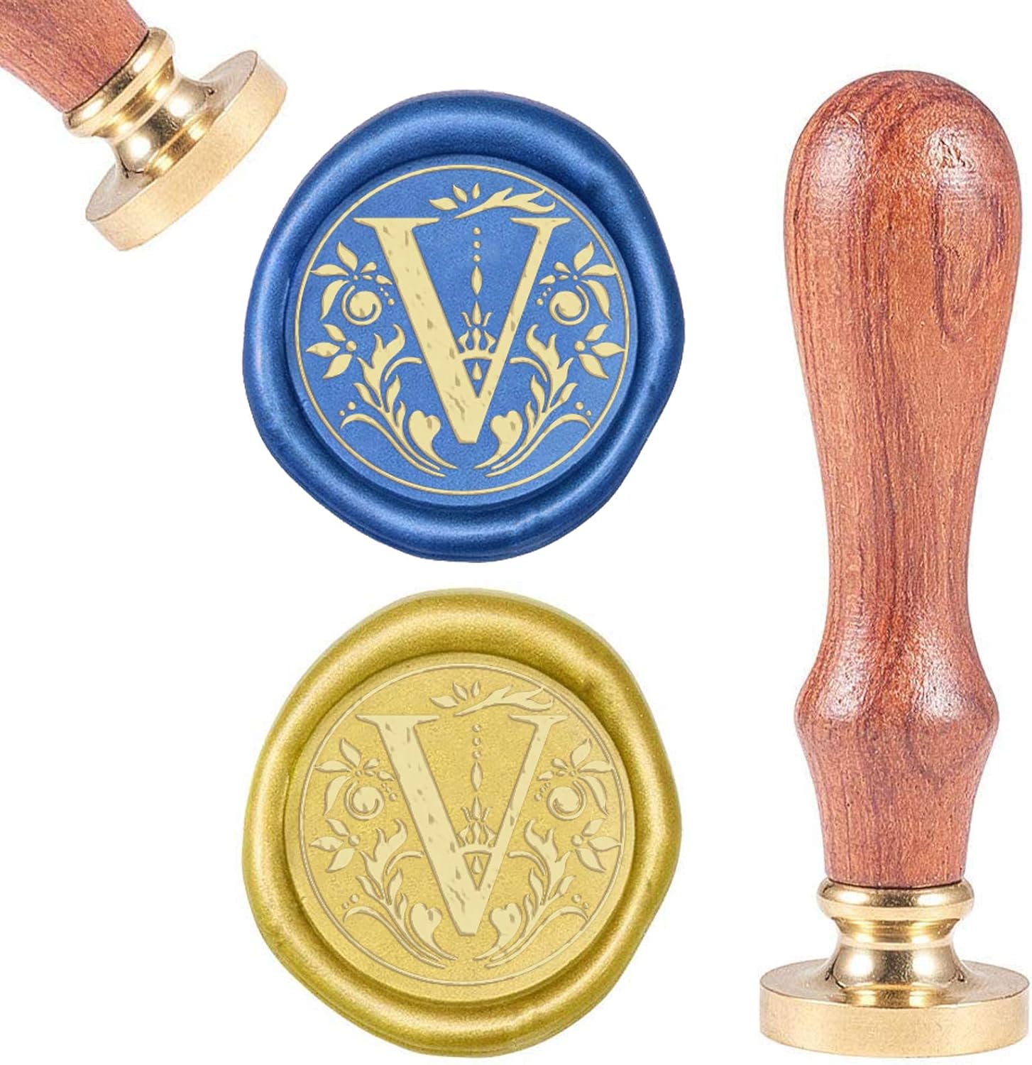 CRASPIRE Retro Alphabet Initials Wax Sealing Stamp Classic Vintage 26 Letters A-Z 25mm Removable Brass Head Wood Handle for Envelope Invitation Embellishment Gift Decoration(Letter V)