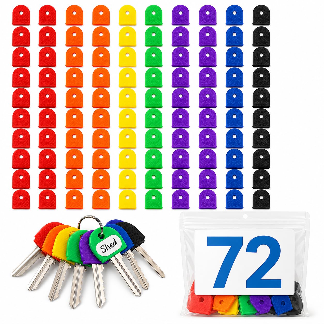 72 Pack Colour Key Caps Silicone Covers for House Door Office Keys – Flexible Key Identifiers – Fits Yale Cylinder Keys – Waterproof Key Toppers for Keyrings, Families, Landlords (3)