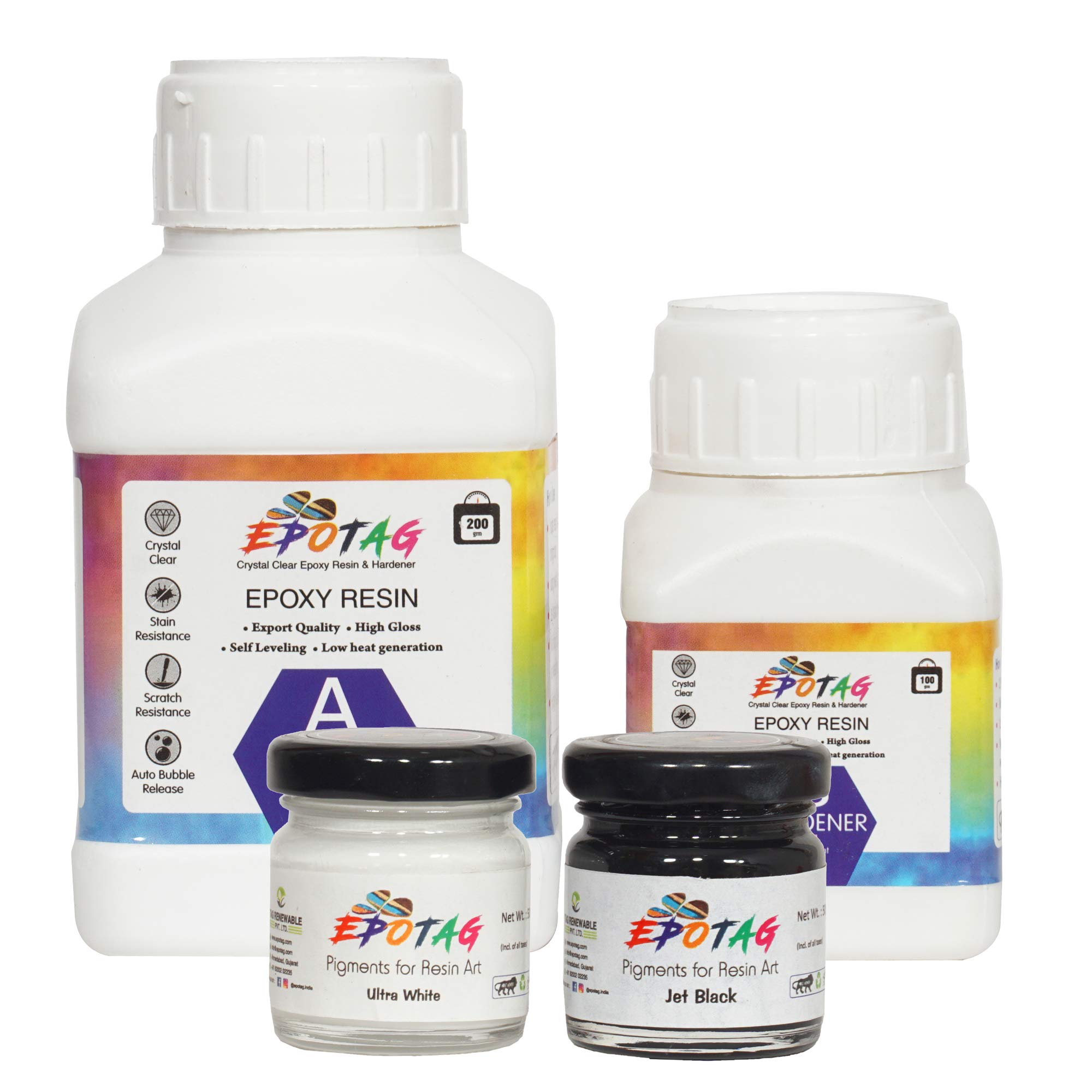 Epotag Epoxy Resin and Hardener Kit Crystal Clear for Jewelry DIY Art Crafts Cast Coating Wood,Easy Cast Resin (300 Gms) Art Resin Pigment - Ultra White & Jet Black- 50g Each (B08VN5WL73) Amazon Price History, Amazon Price Tracker