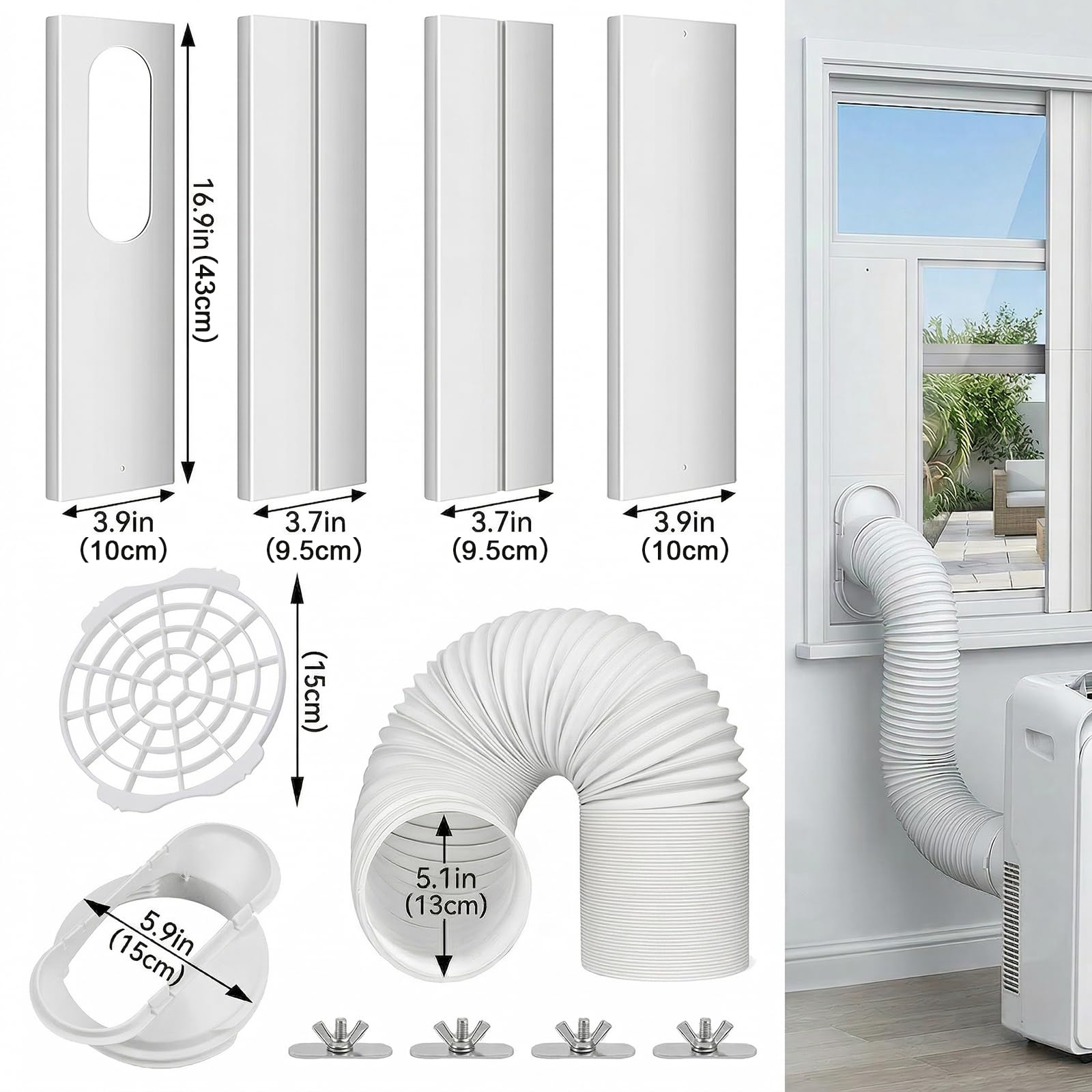 Kit Calfeutrage Climatiseur Fenêtre, 4 Pièces Kit Mobile Verrouillable 43-150cm, Universel Calfeutrage Fenêtre avec Tuyau Diamètre 13 cm pour Fenêtres Coulissantes Verticales Ou Horizontales